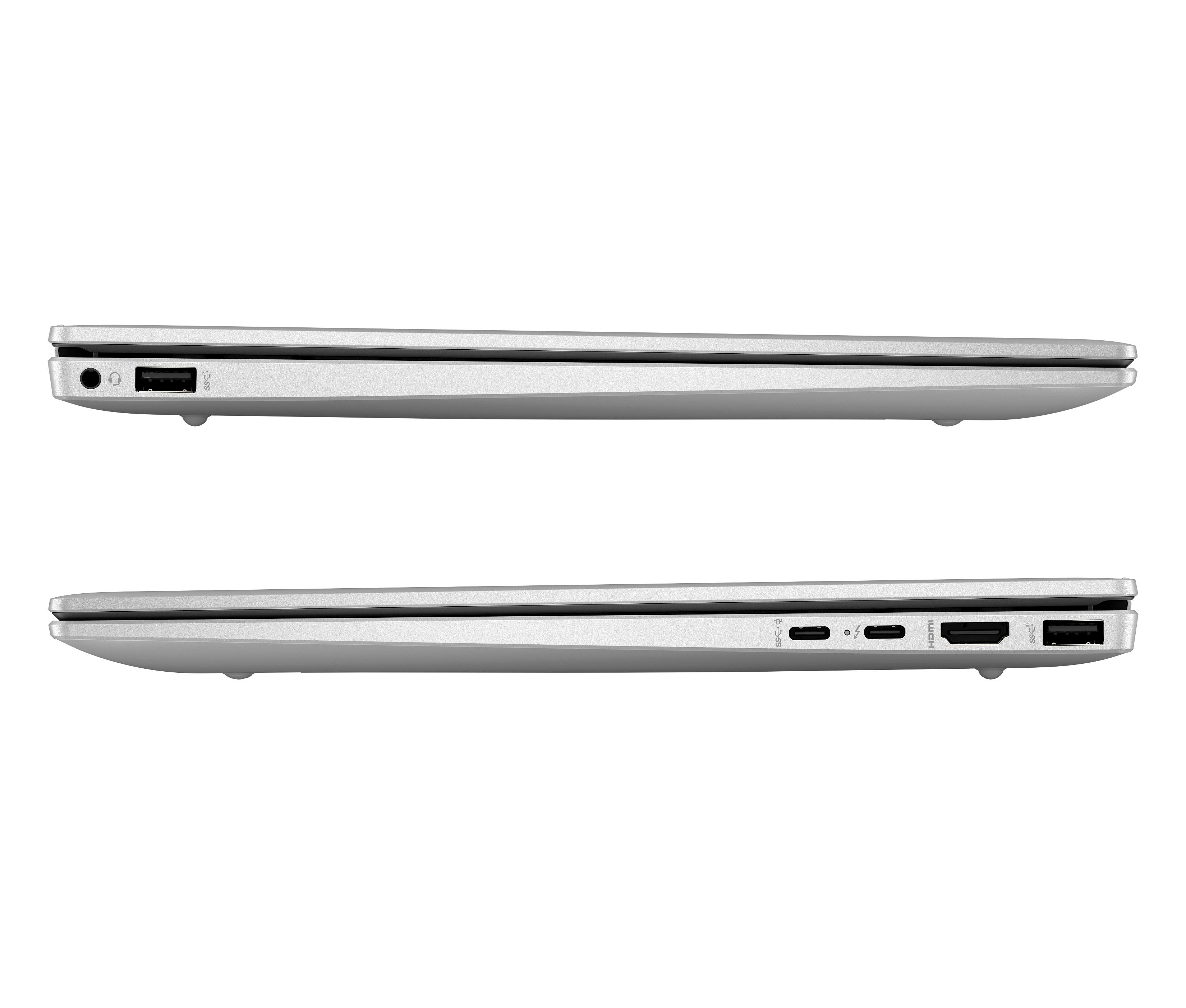 Zwei silberne Laptops von der Seite, die Anschlüsse zeigen. Weißer Hintergrund.