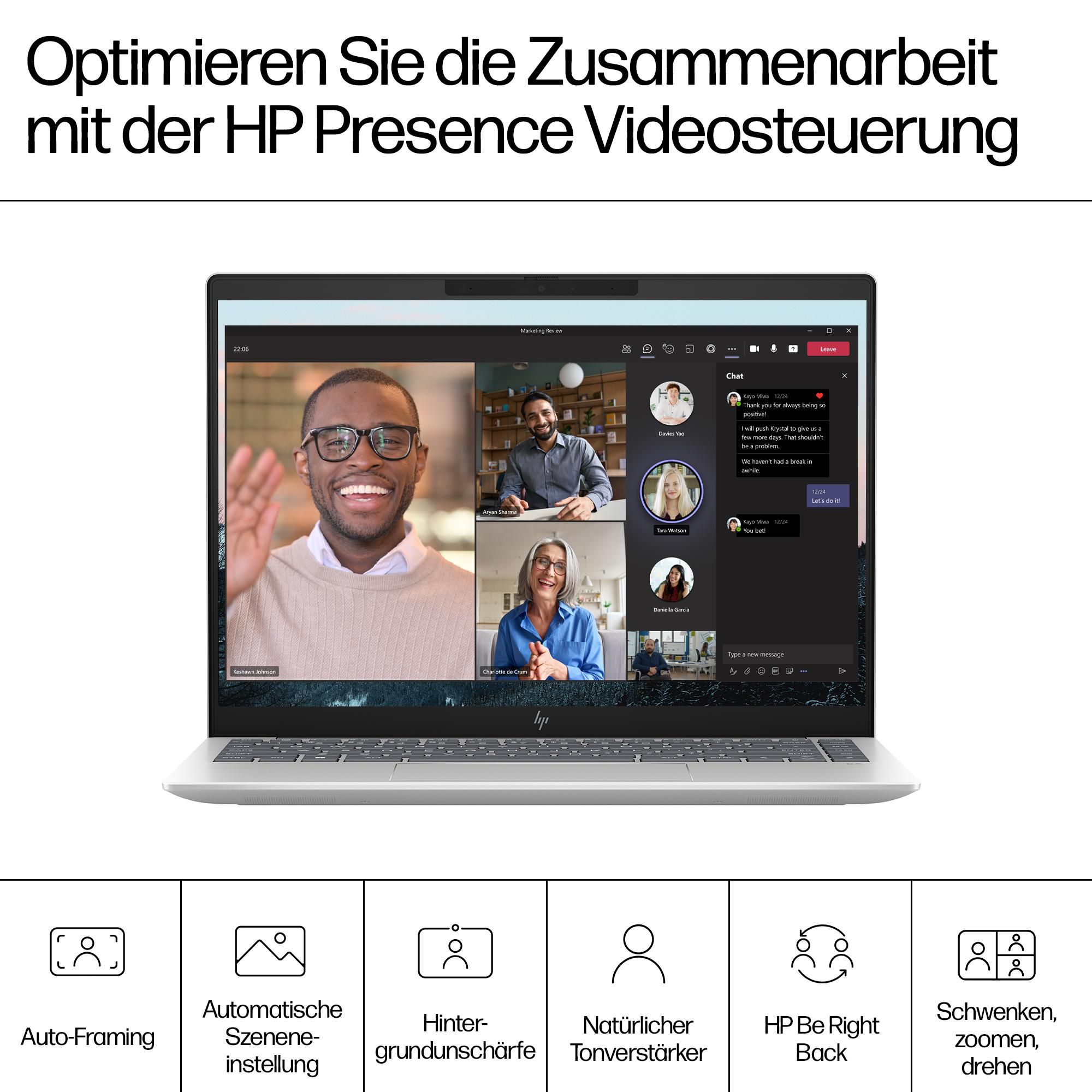 Laptop-Bildschirm mit Videoanruf-Oberfläche und Personen. Produktmerkmale unten.