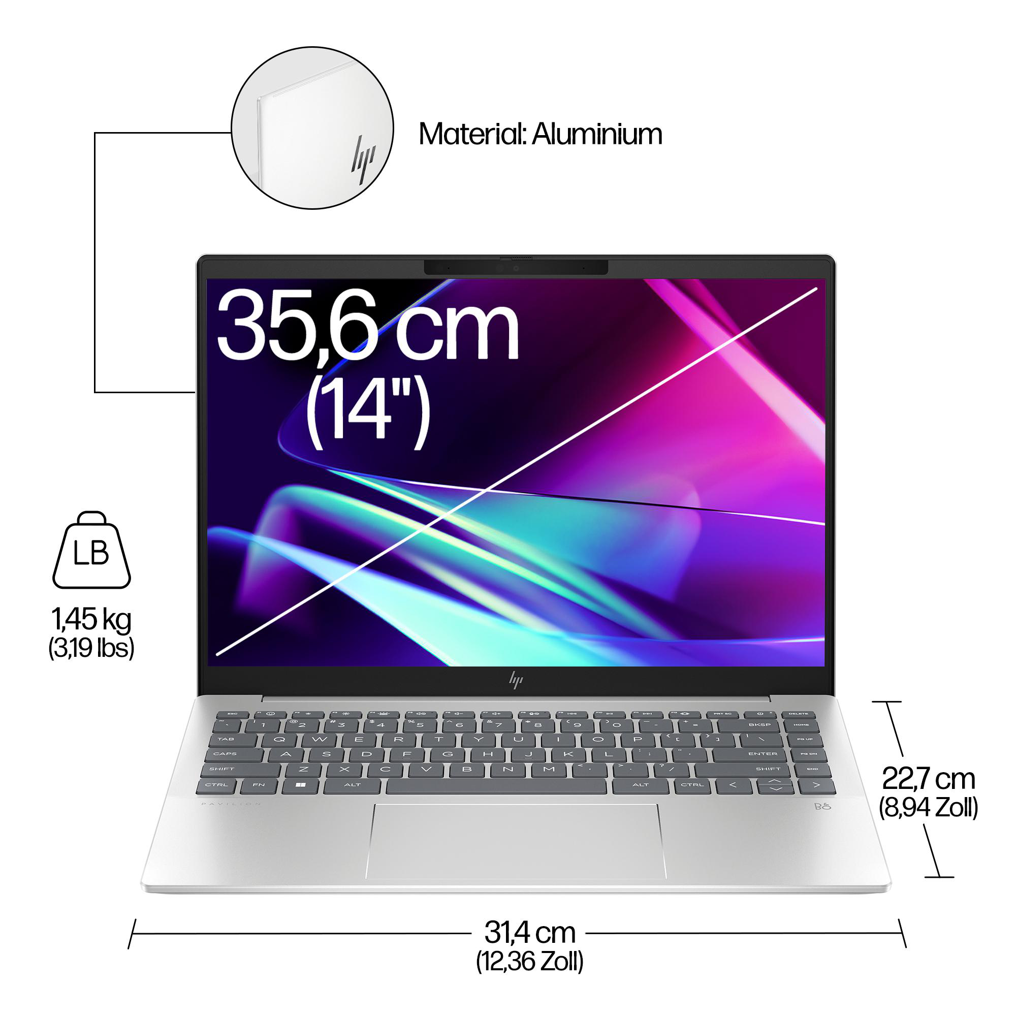 Laptop mit Maßen: 31,4 cm Breite, 22,7 cm Höhe (8,94 Zoll) und 14" Display.