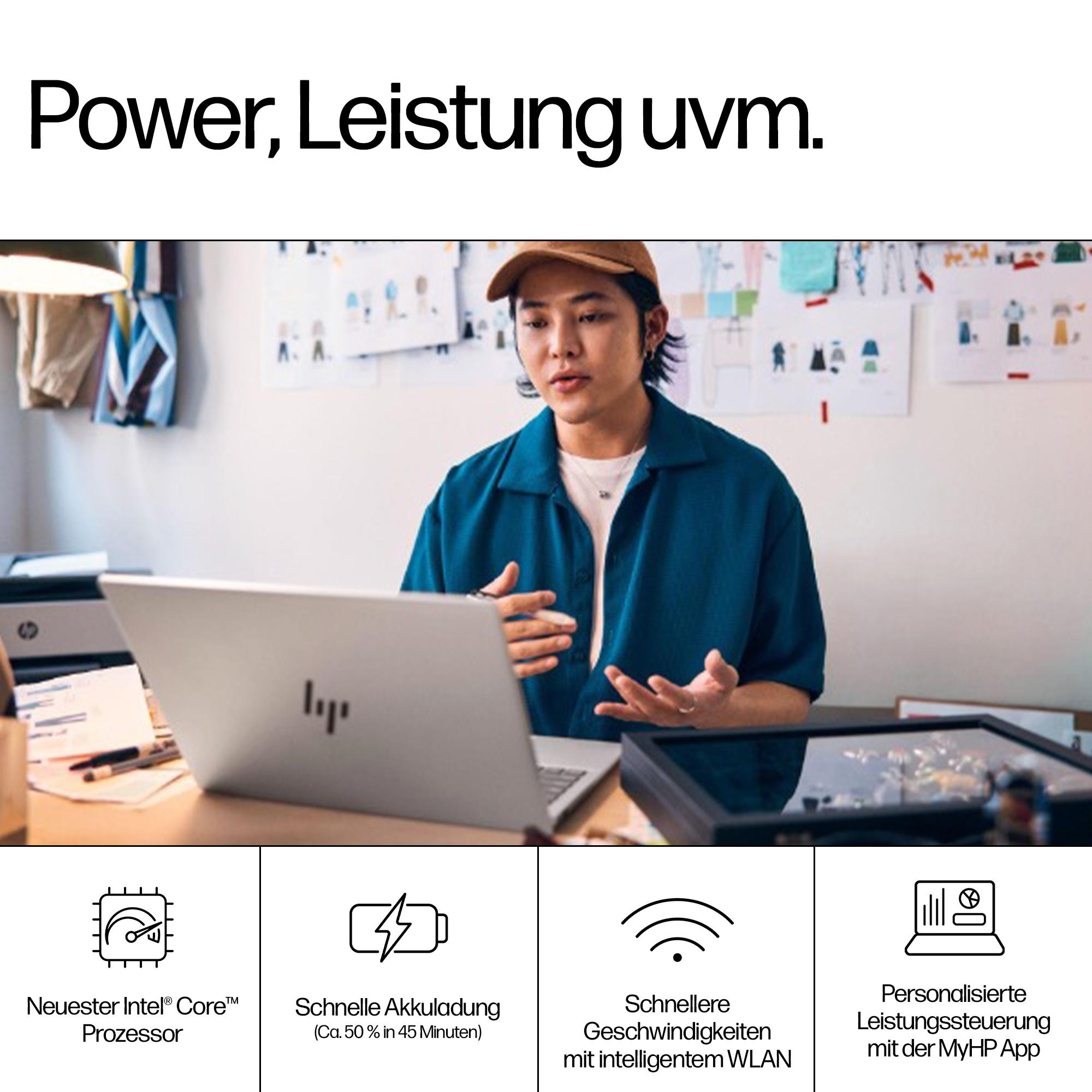 Mann am Laptop mit Symbolen, Text und Bild.