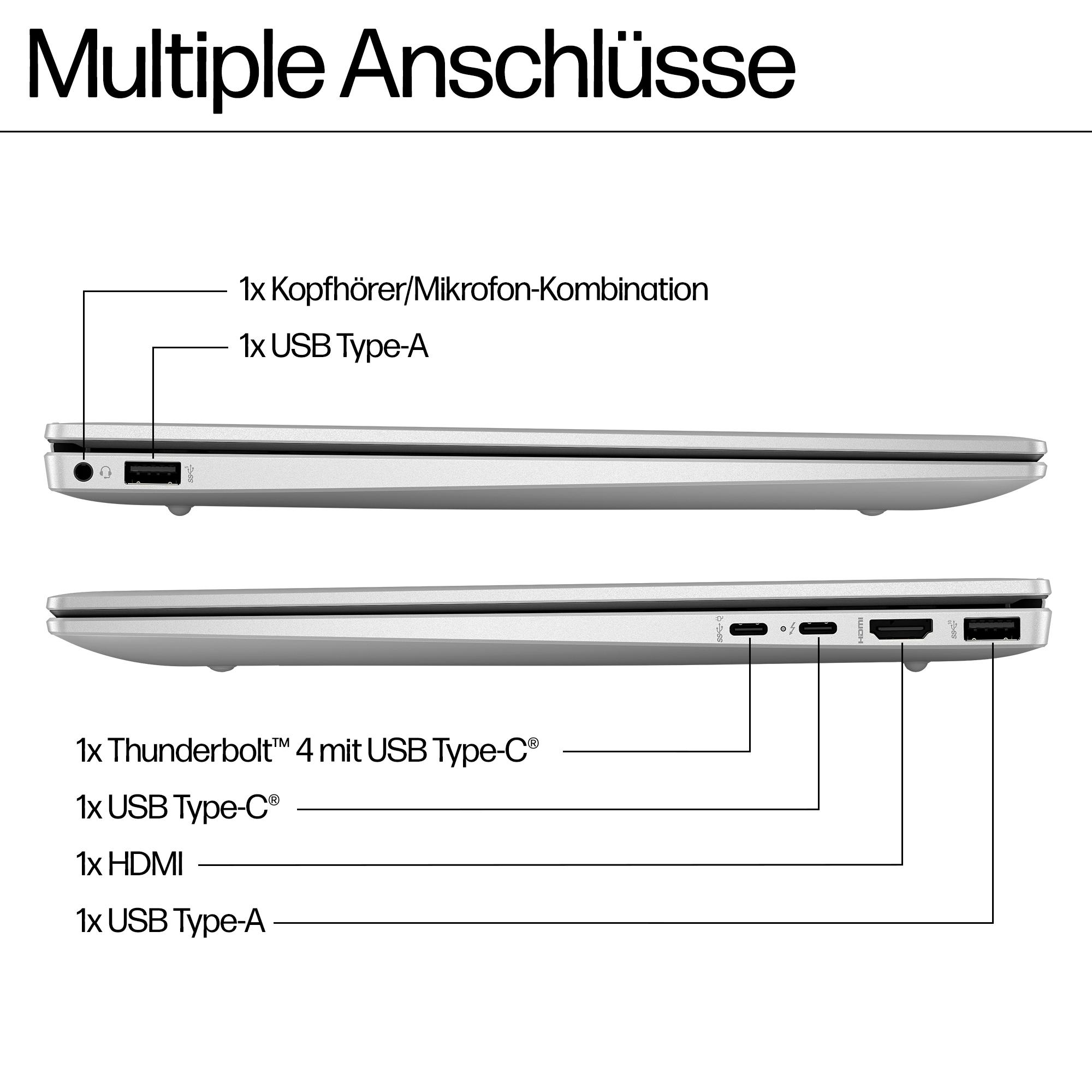 Laptop mit mehreren Anschlüssen. Anschlüsse sind Kopfhörer, USB, HDMI und Thunderbolt.