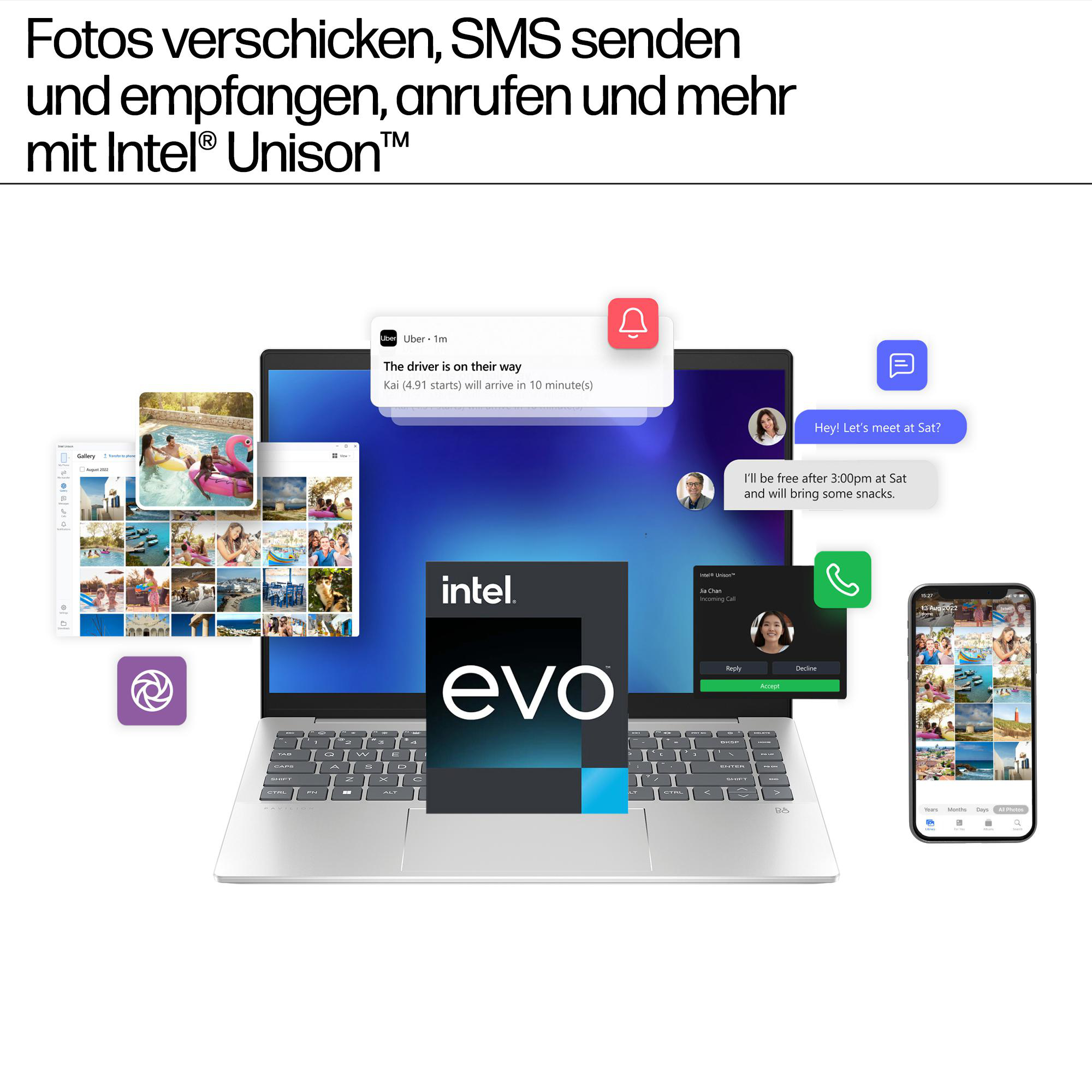 Laptop mit Telefon und App-Bildschirm. Zeigt Benachrichtigungen, Nachrichten und eine Fotogalerie. Intel Evo Logo.