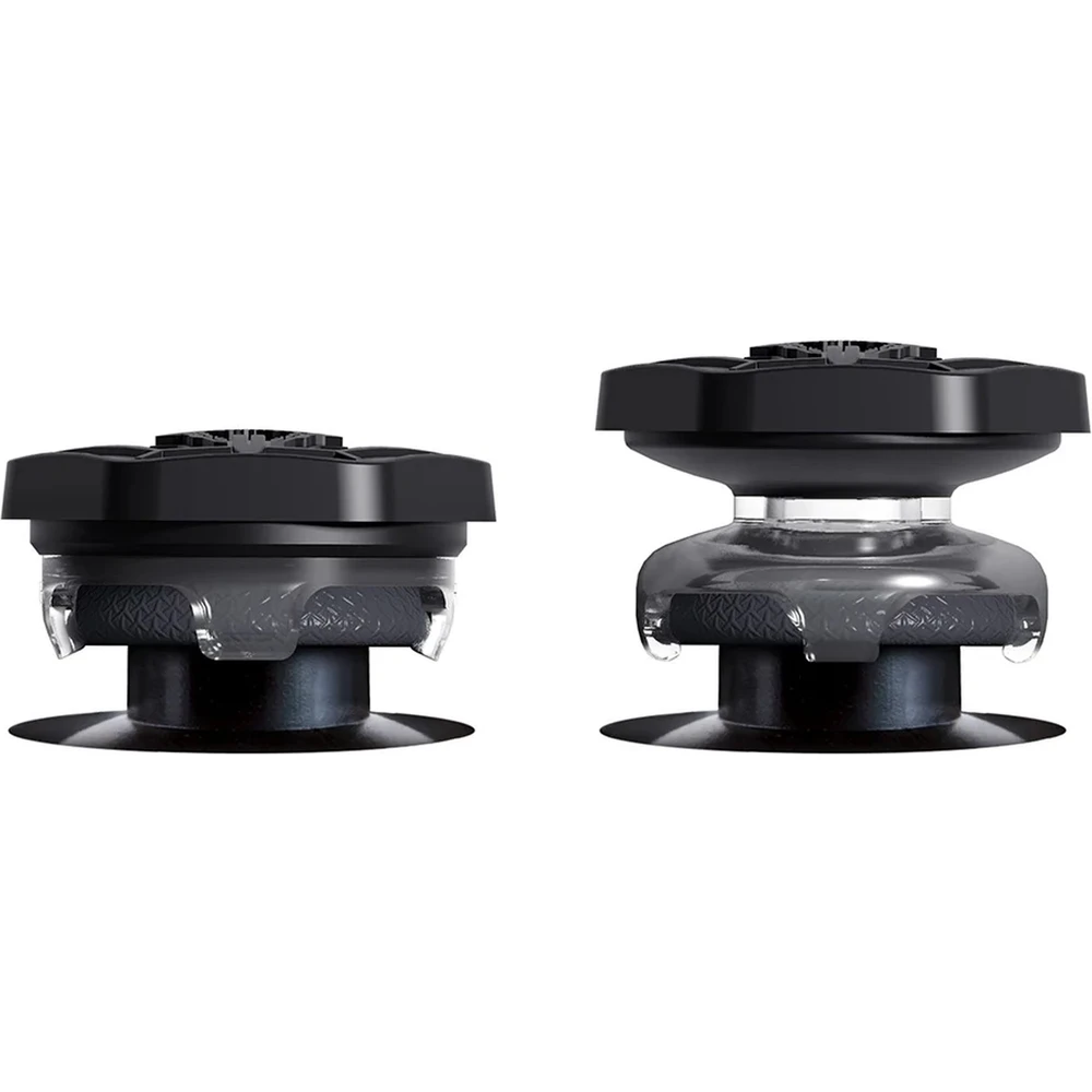 Zwei schwarze und durchsichtige Controller-Thumbsticks.