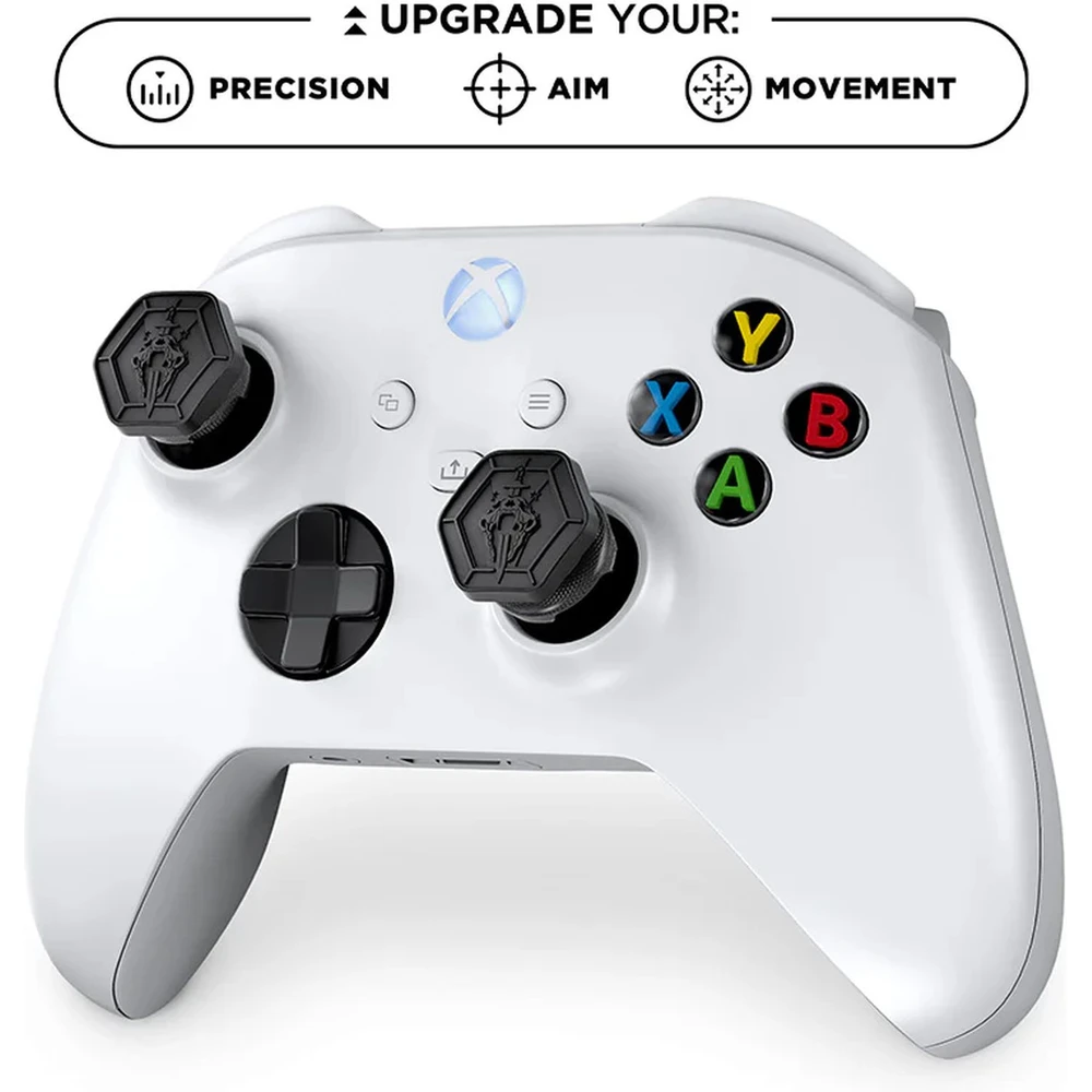 Ein weißer Xbox-Controller mit bunten Knöpfen und schwarzen Thumbsticks mit Logos.