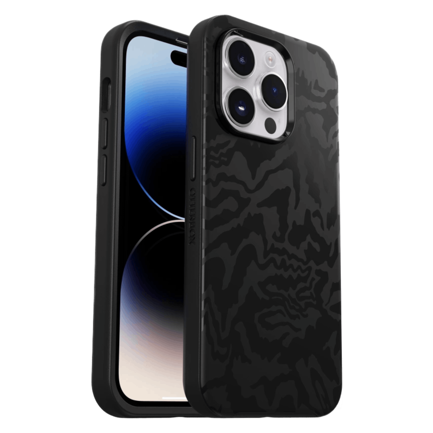 Zwarte telefoonhoes met een patroon, met een telefoon.