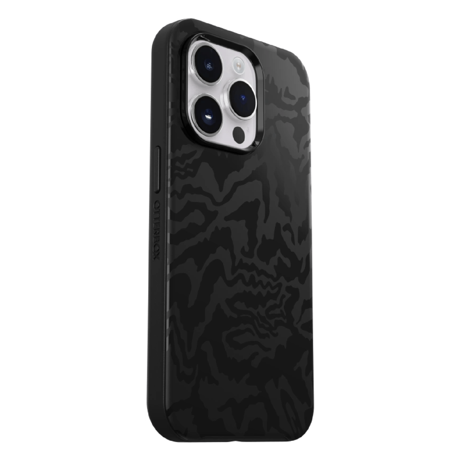 Een zwarte telefoonhoes met een patroon op de achterkant, met de cameralenzen.