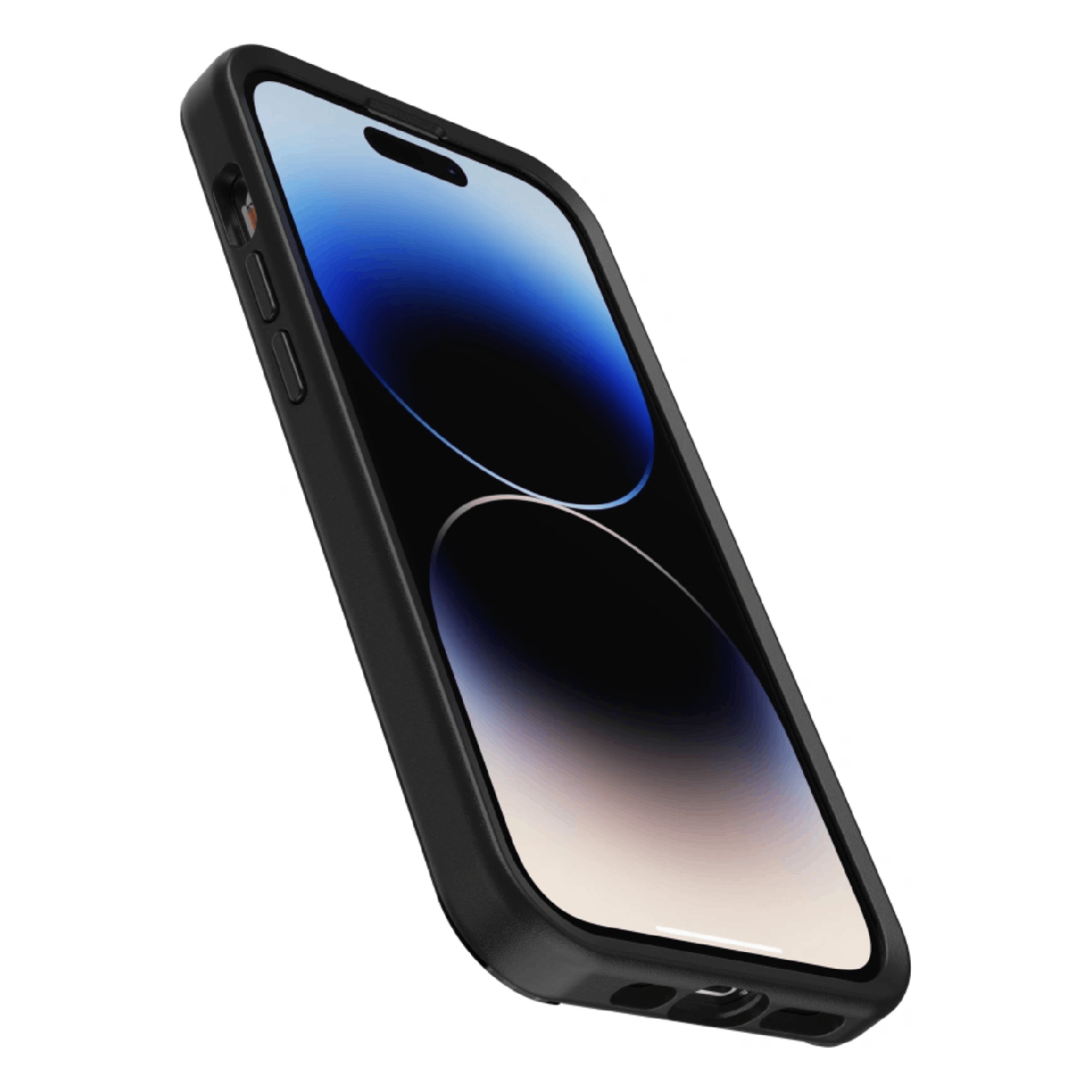 Een zwarte iPhone 14 Pro in een zwarte hoes is iets schuin. Het scherm toont een blauwe gradiënt.
