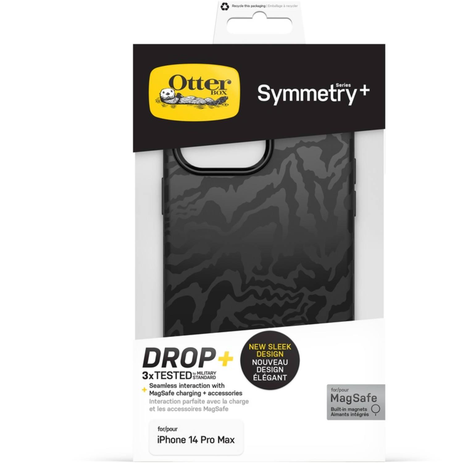 Telefoonhoesje doos: zwarte hoes met zebrapatroon, OtterBox logo en iPhone 14 Pro Max label.