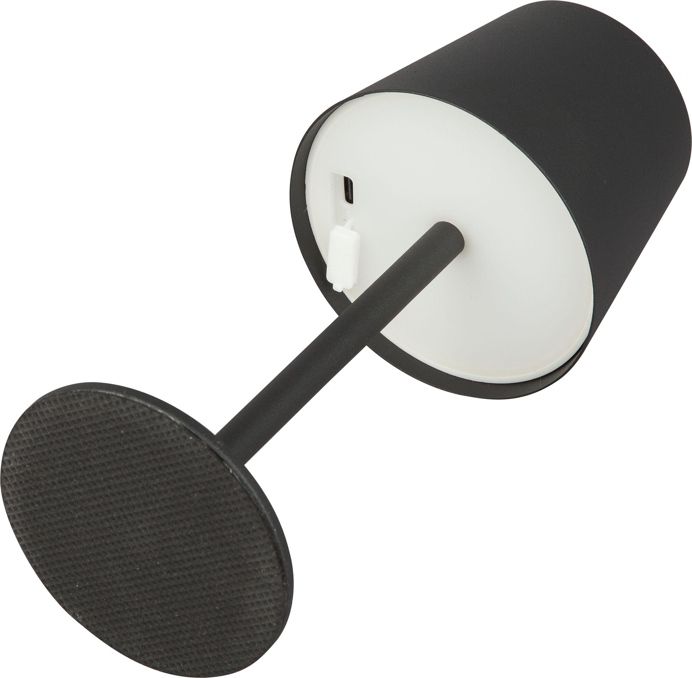 Schwarze zylindrische Lampe mit Stiel und Fuß. USB-Anschluss sichtbar.