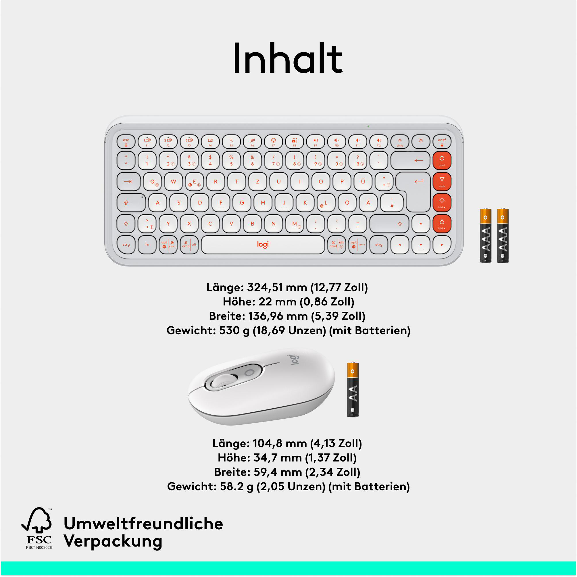 Eine Tastatur, eine Maus und Batterien mit Messungen.