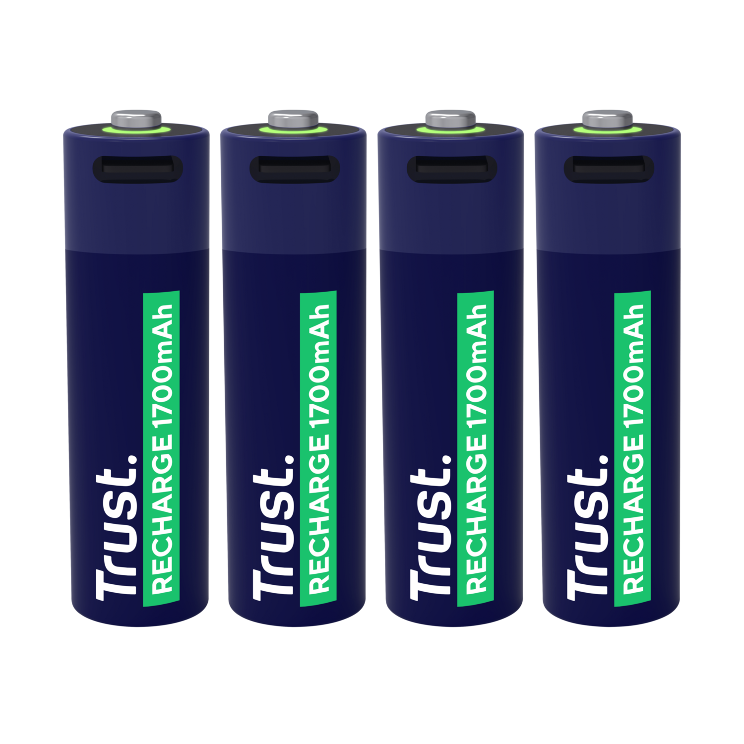 Four blue and black rechargeable batteries, each labeled 'Trust. RECHARGE 1700mAh' in white and green.
