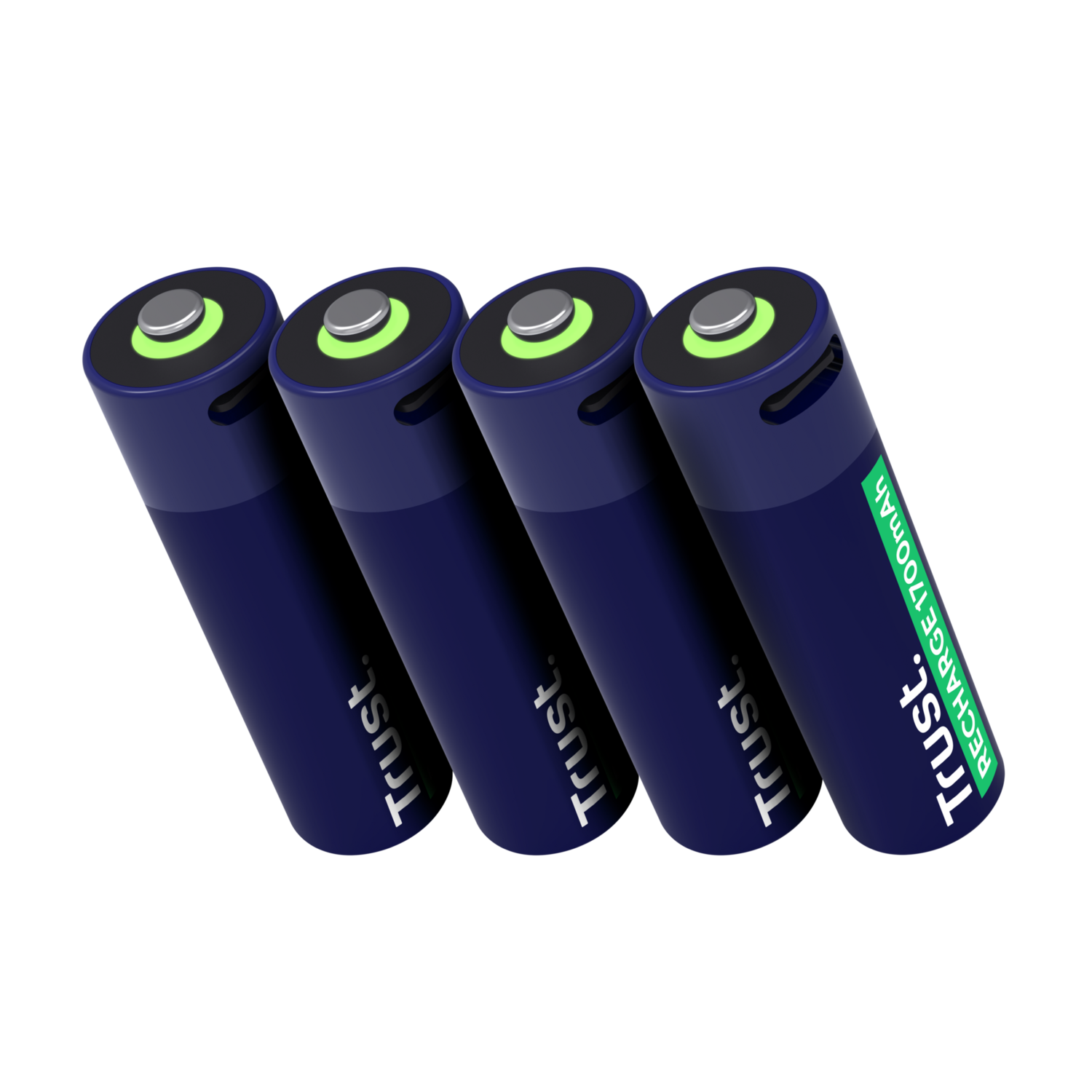 Four blue AA batteries on a black background.