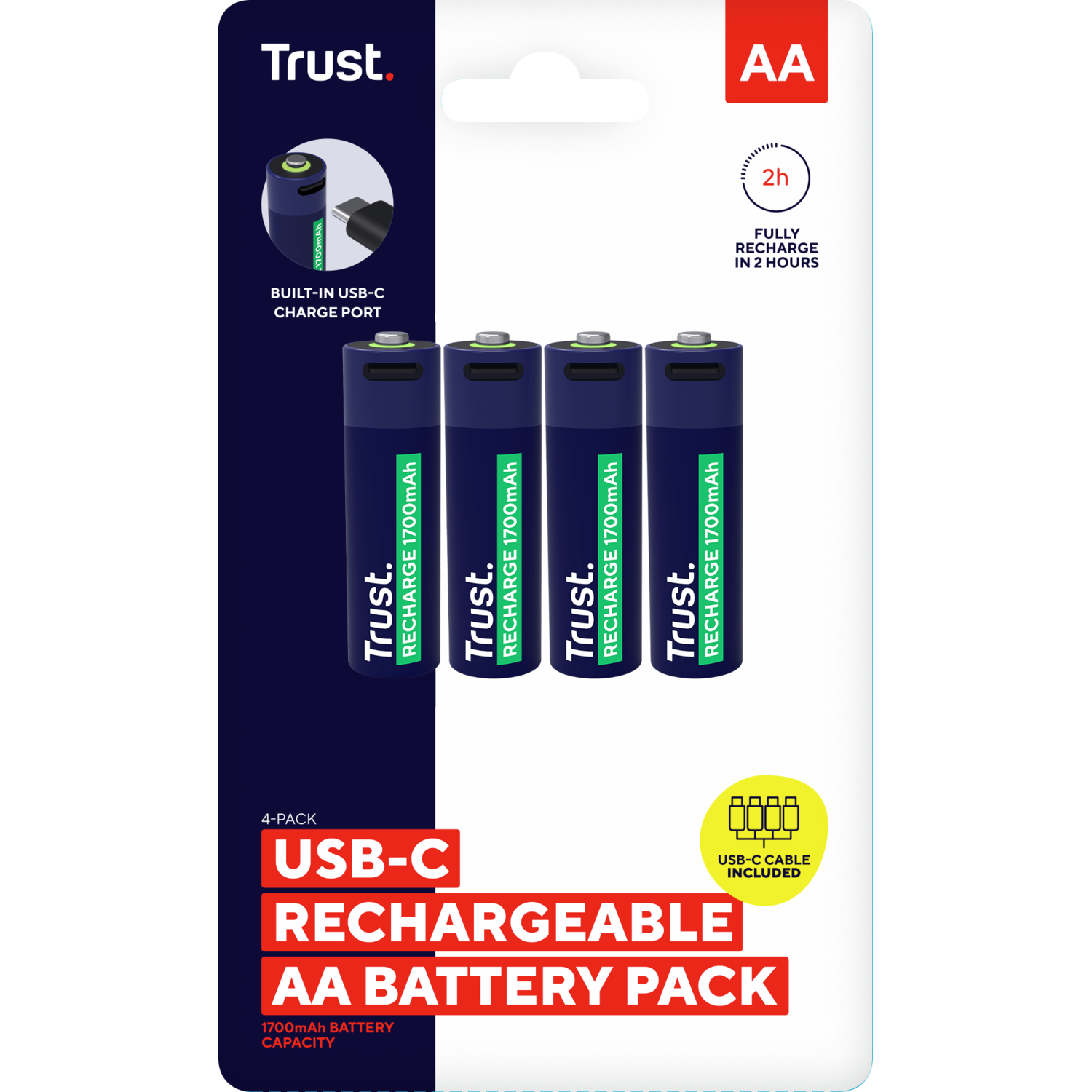 4-pack of Trust USB-C rechargeable AA batteries in a blue and white package. Includes charging cable.
