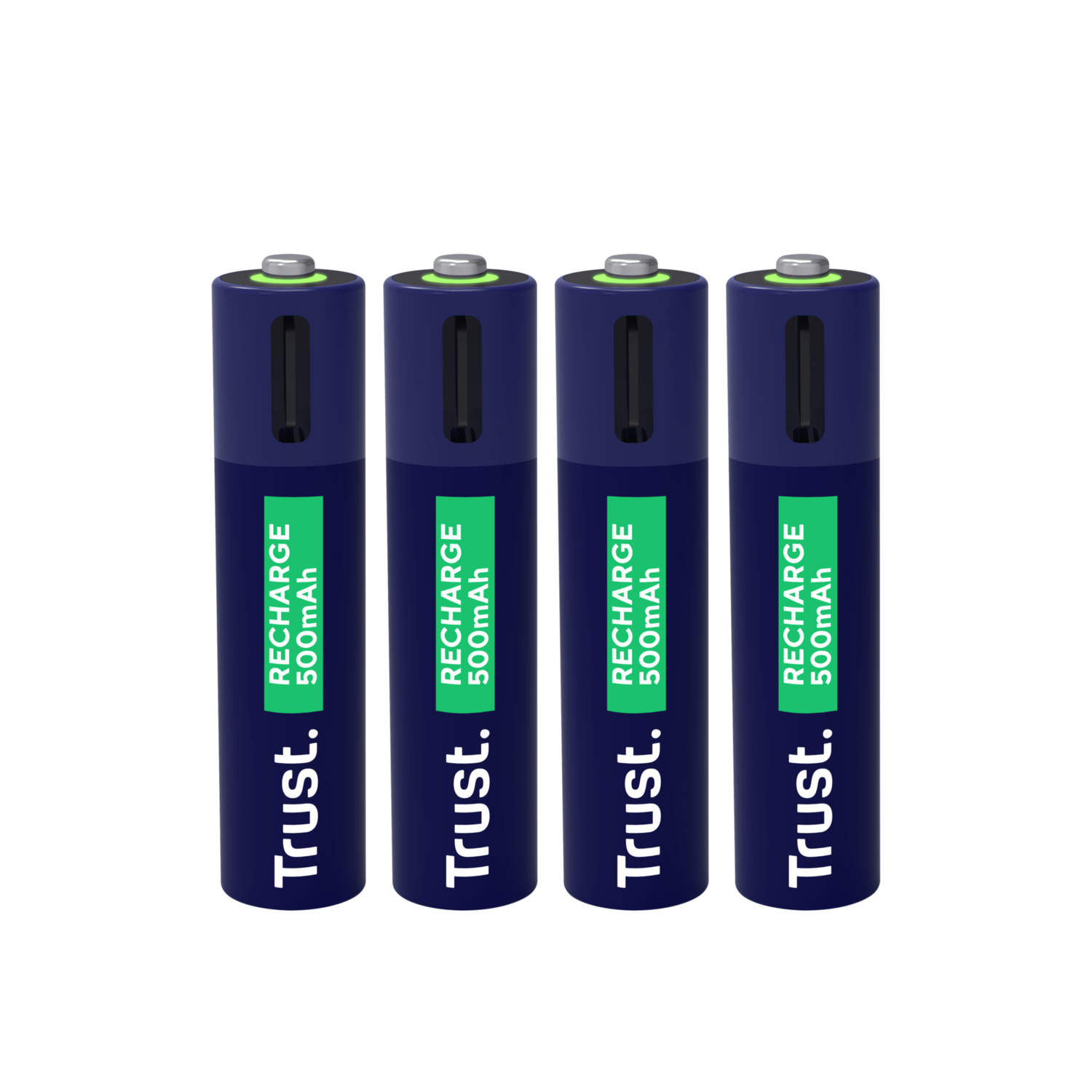 Four rechargeable batteries. Blue with green label and white text. 