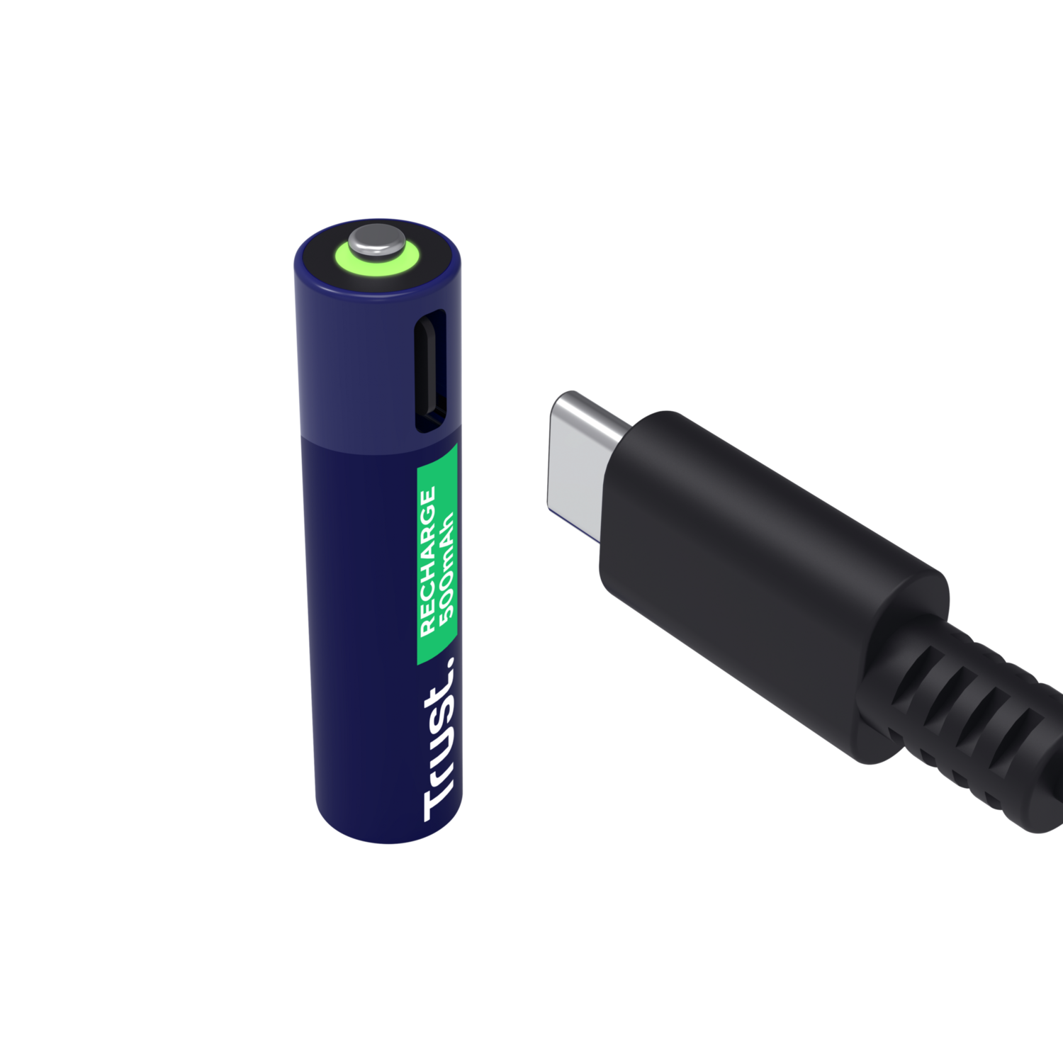 Blue battery and black USB-C cable on a black background.