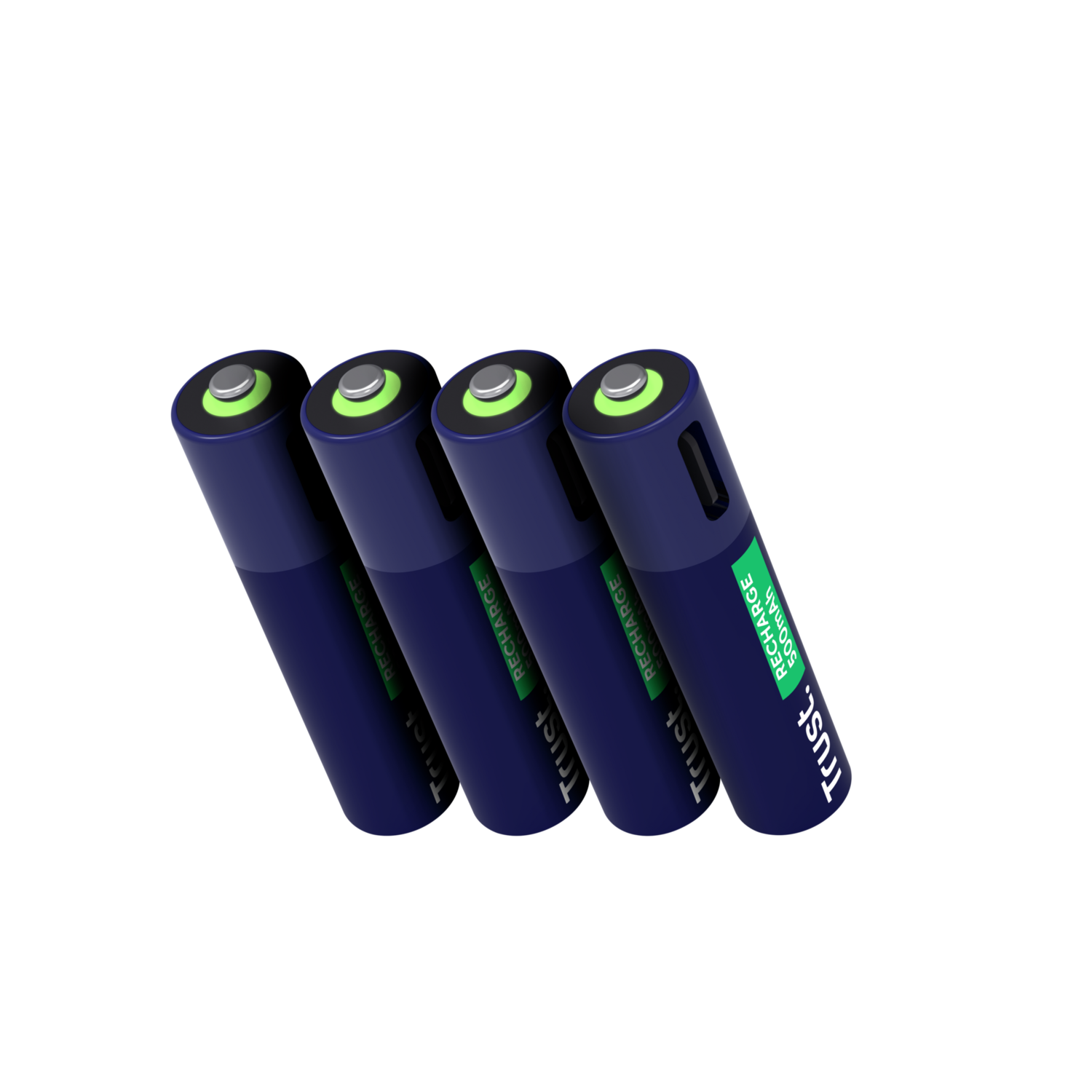 Four blue rechargeable batteries with green tops, arranged diagonally.