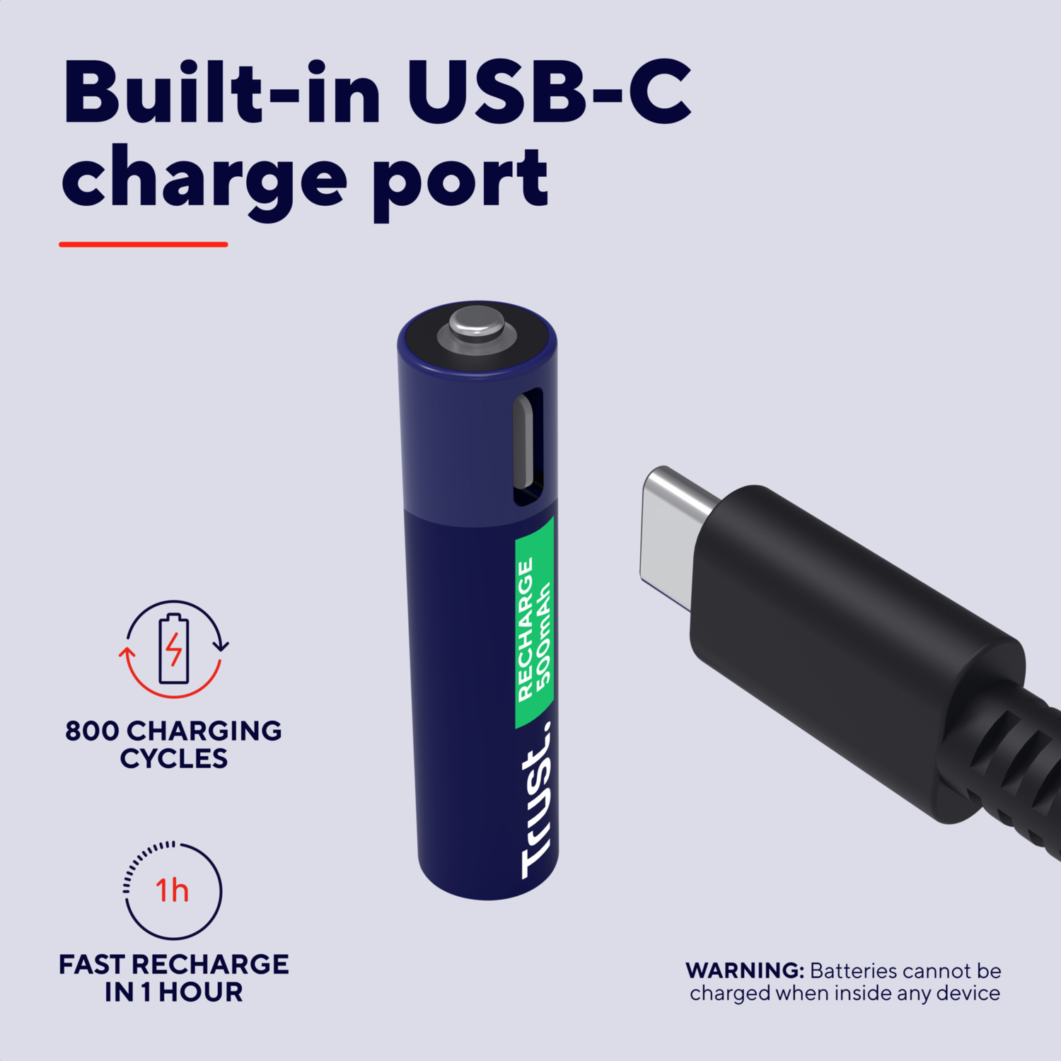 A blue and navy rechargeable battery with a USB-C port.