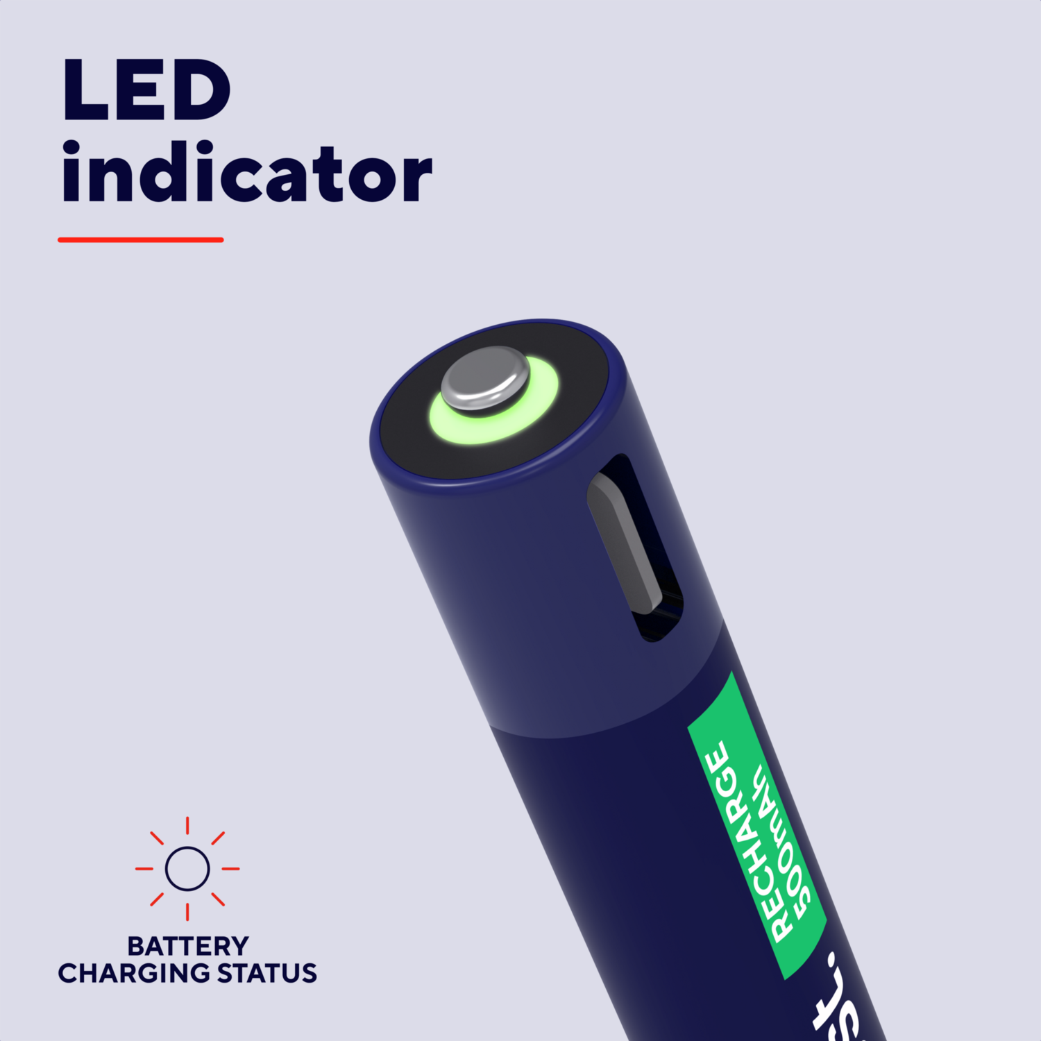 A blue battery with a green light and charging status icons.