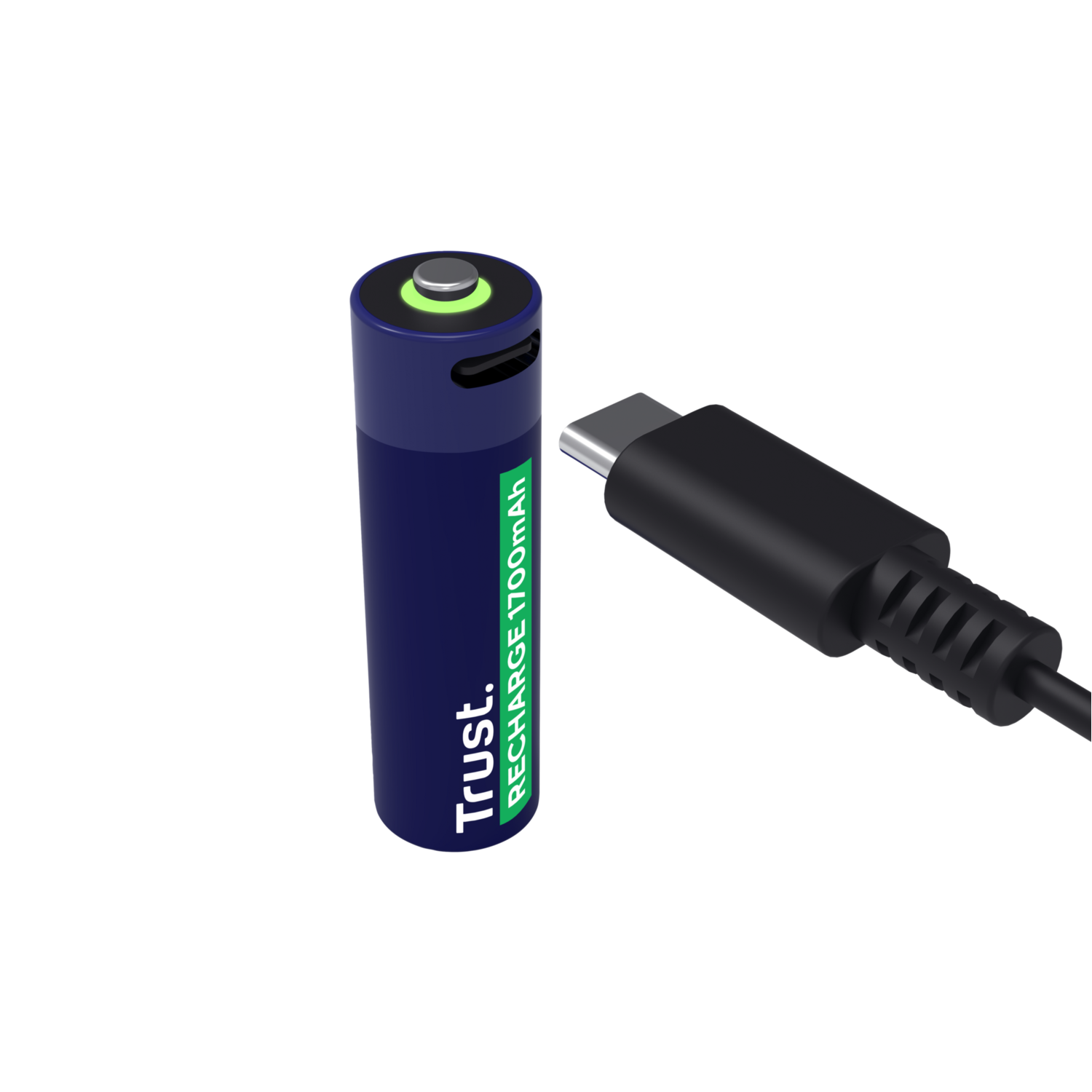 Een oplaadbare batterij met een oplaadkabel. De batterij is donkerblauw en heeft tekst.