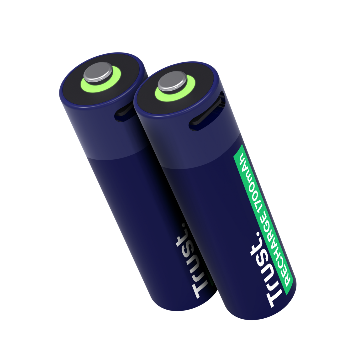 Twee marineblauwe oplaadbare batterijen met groene toppen.