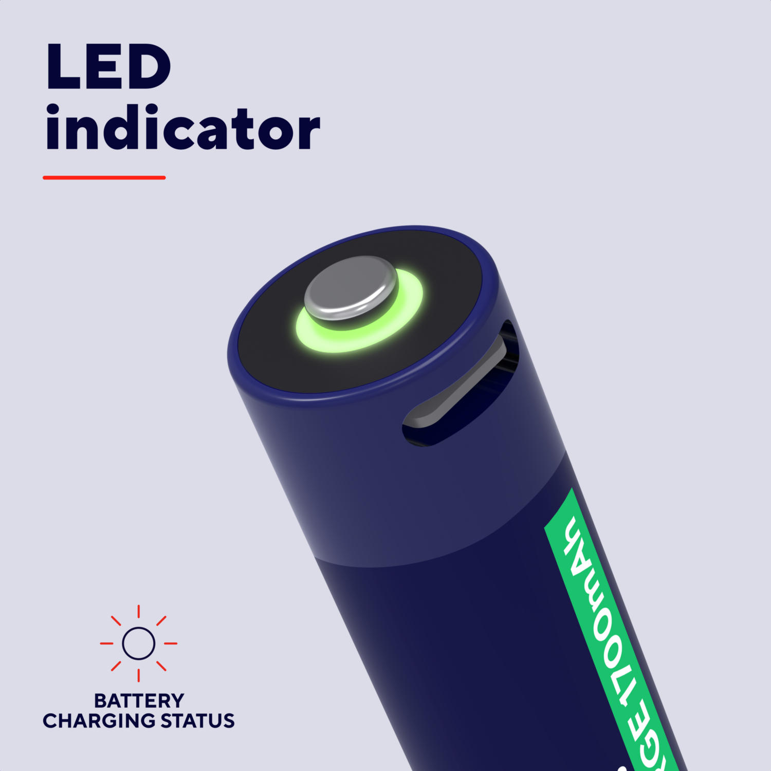 Close-up van een blauwe batterij met een groene LED-indicator. Oplaadstatus symbool is ook getoond.