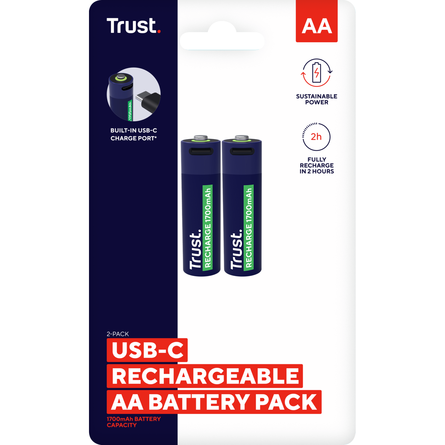 Een USB-C oplaadbaar AA-batterijpakket in een wit en blauw pakket.