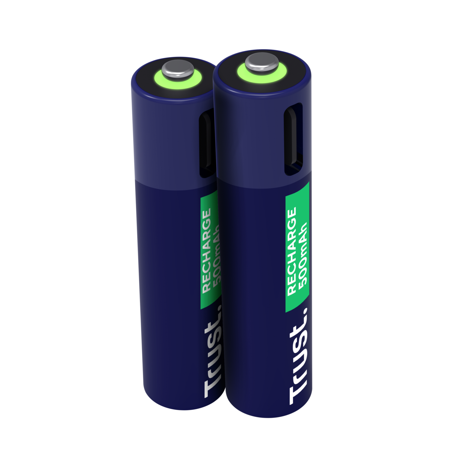 Two blue rechargeable batteries with green tops and white text.