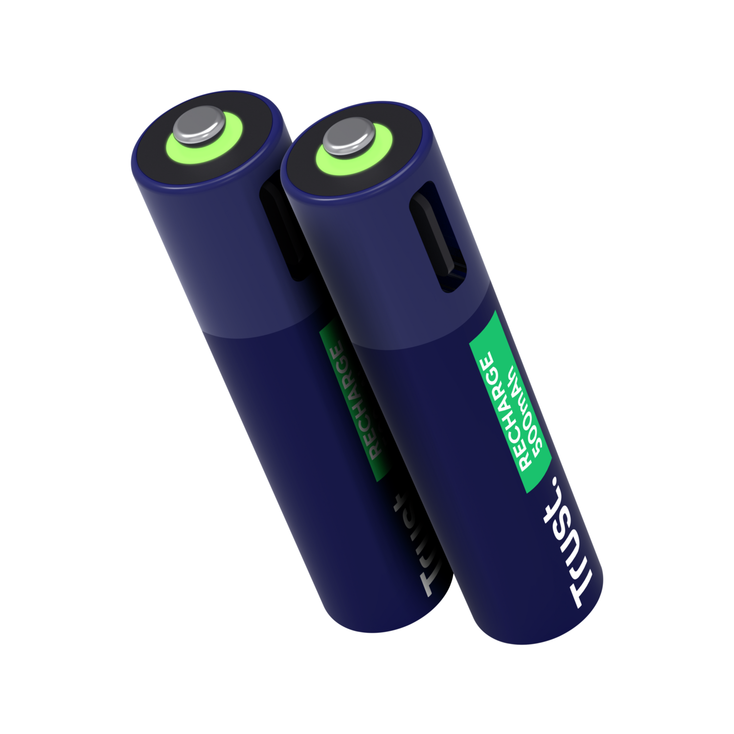 Two blue rechargeable Trust batteries, green tops, black background.
