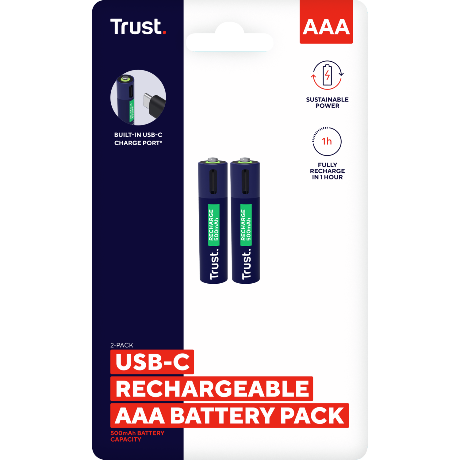 A battery pack with two USB-C rechargeable AAA batteries. The pack is white and blue.
