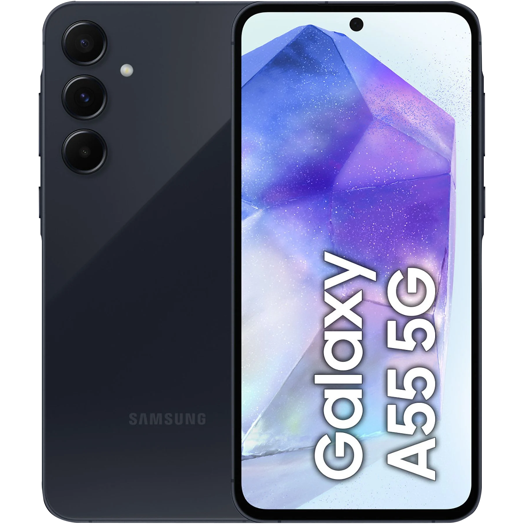 Telefon Samsung Galaxy A55 5G, czarny tył i wyświetlacz pokazujący fioletowy wzór.