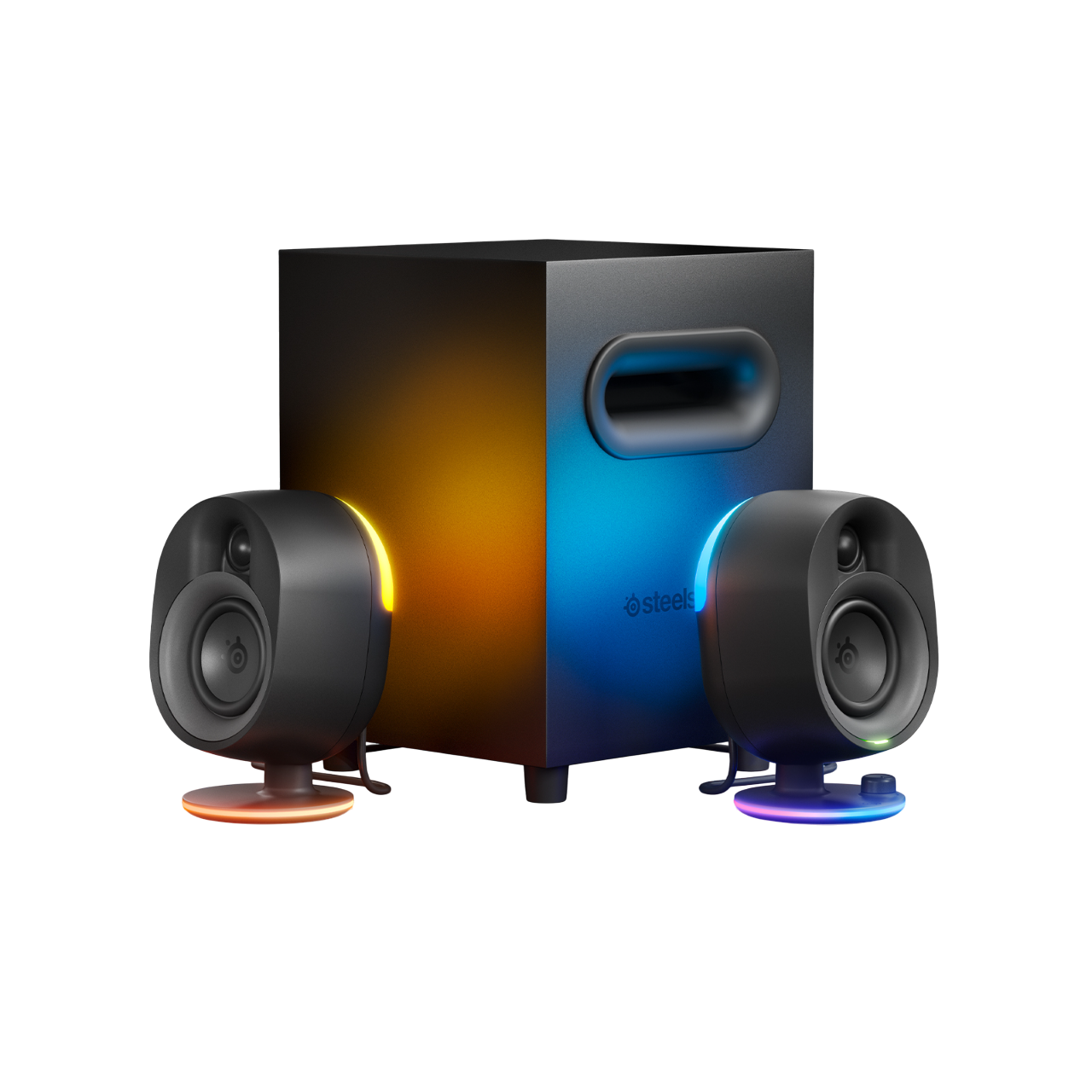 Schwarzes Lautsprecherset mit Subwoofer und zwei Satellitenlautsprechern mit farbigen Lichtern auf schwarzem Hintergrund.