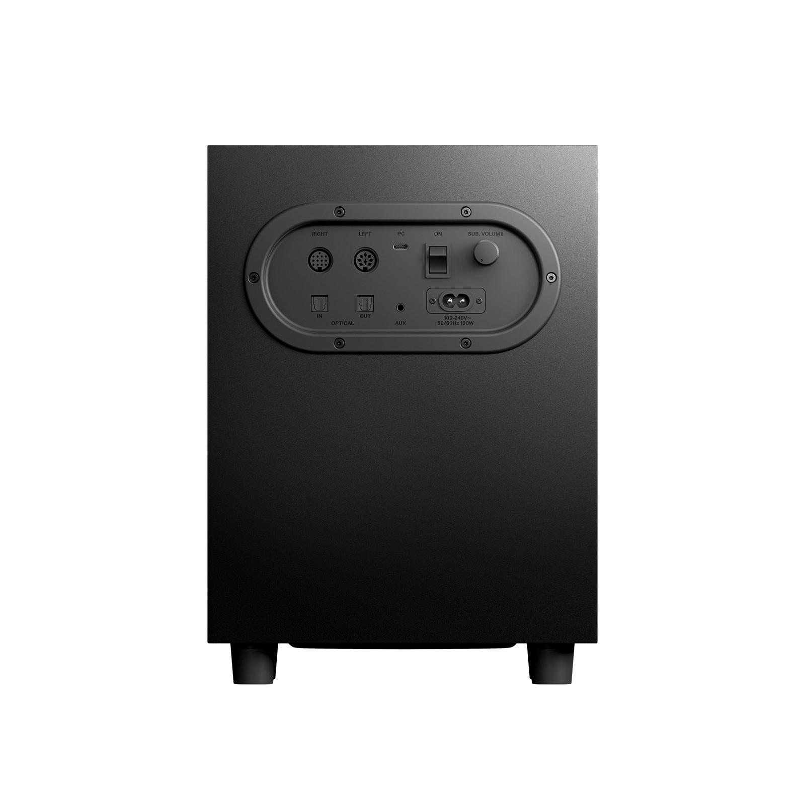 Rückseite eines schwarzen Subwoofers. Zeigt Anschlüsse: optisch, AUX, Strom uvm.