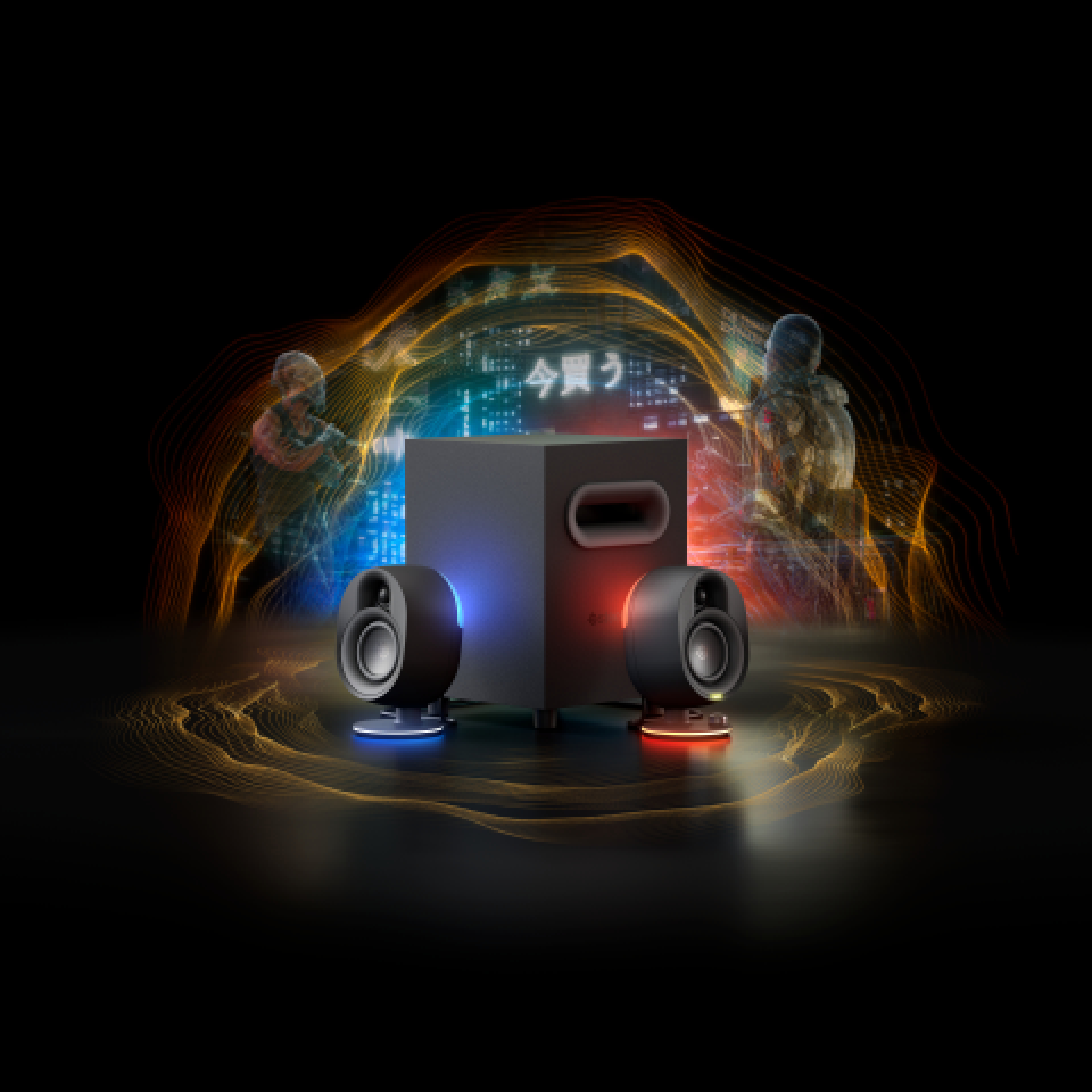 Gaming-Lautsprecher und Subwoofer mit dunklem Hintergrund und Neonlichtern. Zwei Figuren sichtbar.