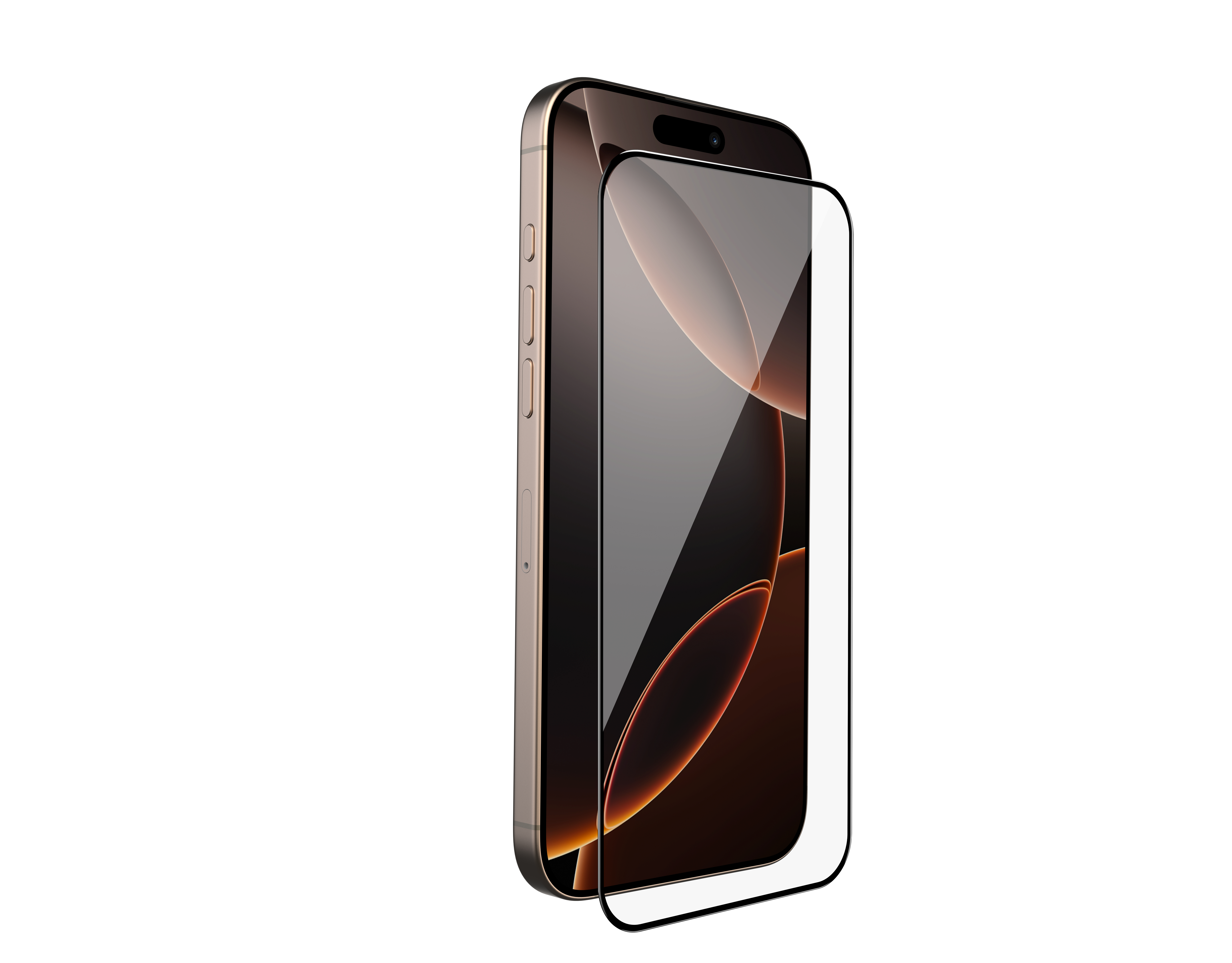 Goldenes Telefon mit Displayschutz. Es hat ein schwarzes Display und eine Kamera. Der Hintergrund ist weiß.