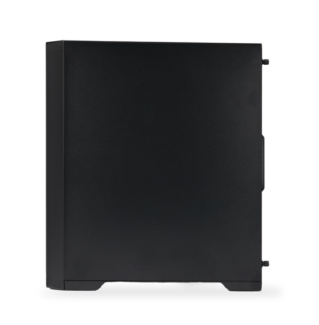 Siyah bilgisayar kasası, yan görünüm. Düz siyah, minimalist tasarım, beyaz arka plan.