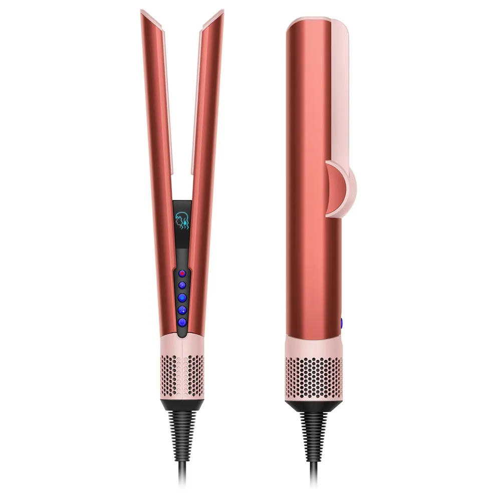 Prostownica do włosów w kolorze różowego złota, z wyświetlaczem cyfrowym i widokiem z boku.