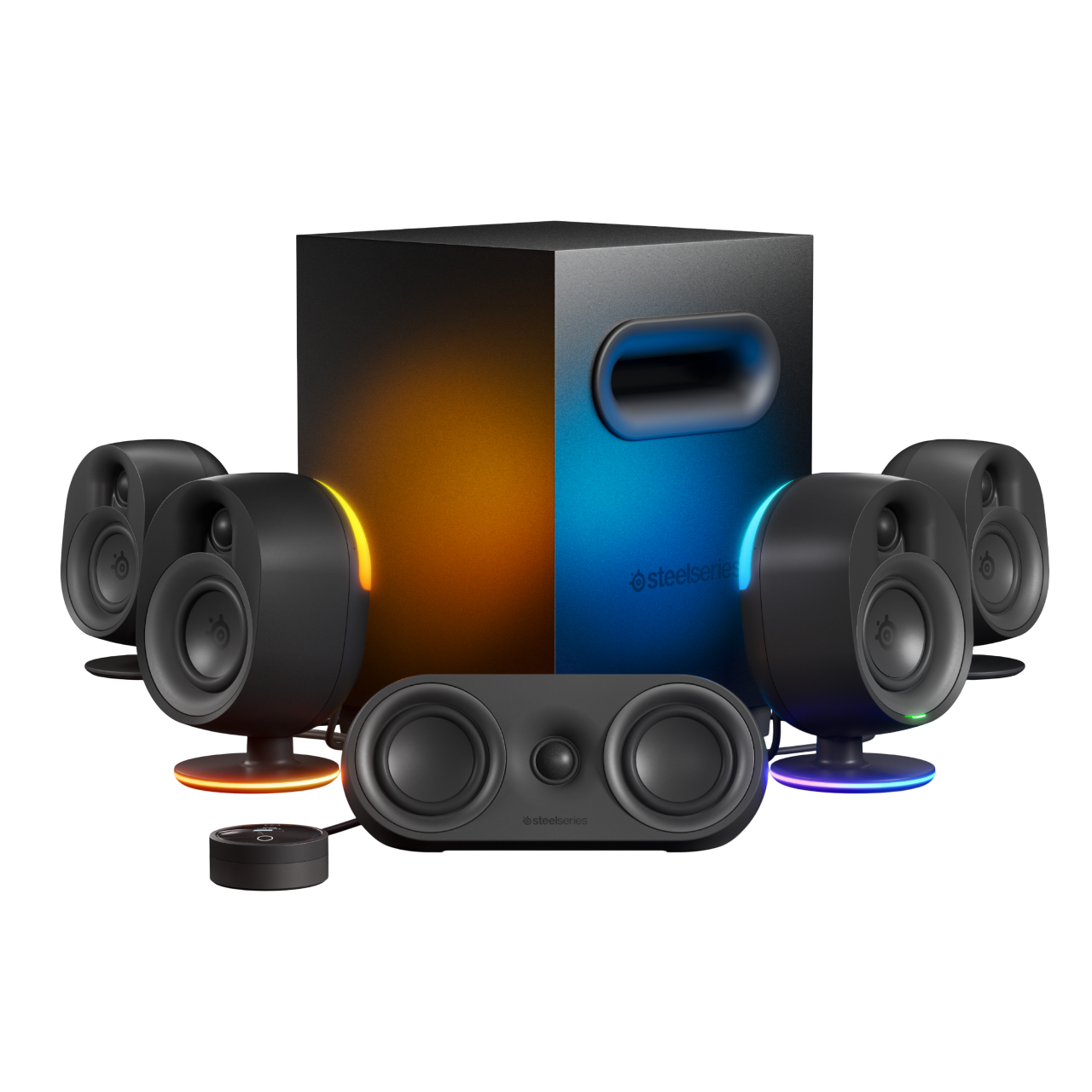 Schwarze Lautsprecher und Subwoofer mit Farbakzenten. Orangefarbene und blaue Lichter unten.