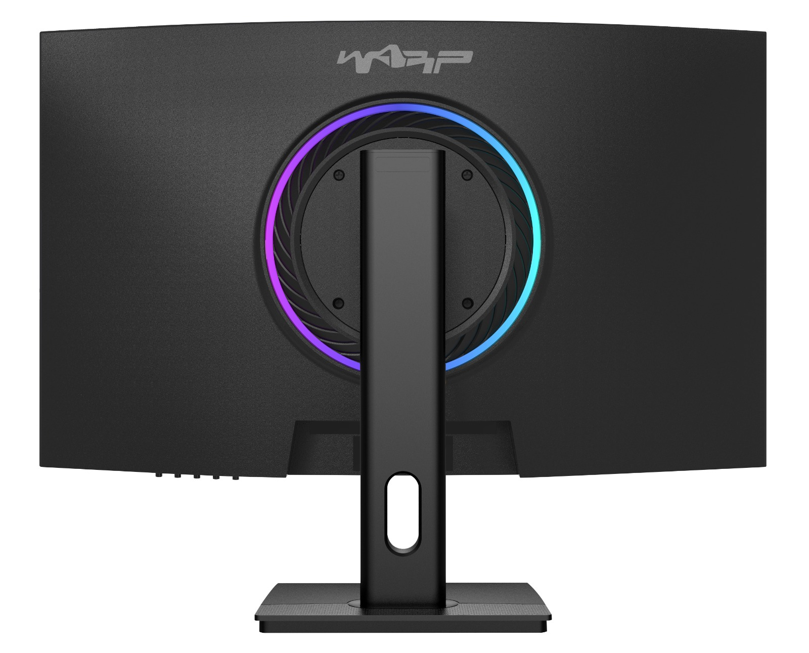 Siyah bilgisayar monitörünün arkası, bir stand ve dairesel bir RGB ışık halkası ile.