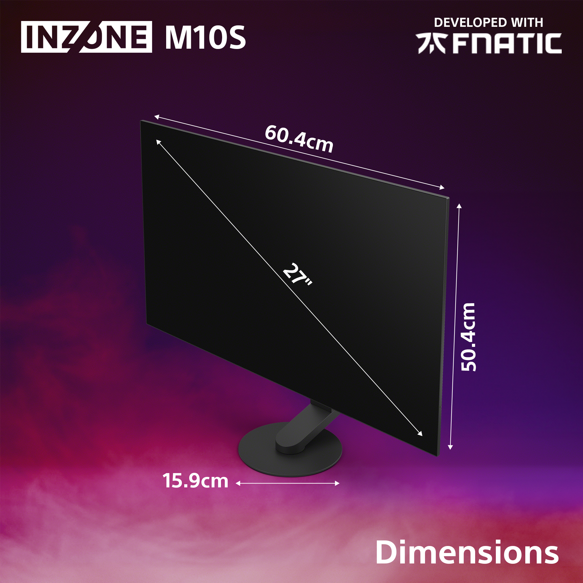 Moniteur d'ordinateur noir avec dimensions affichées. Il a un support noir et est sur fond dégradé.