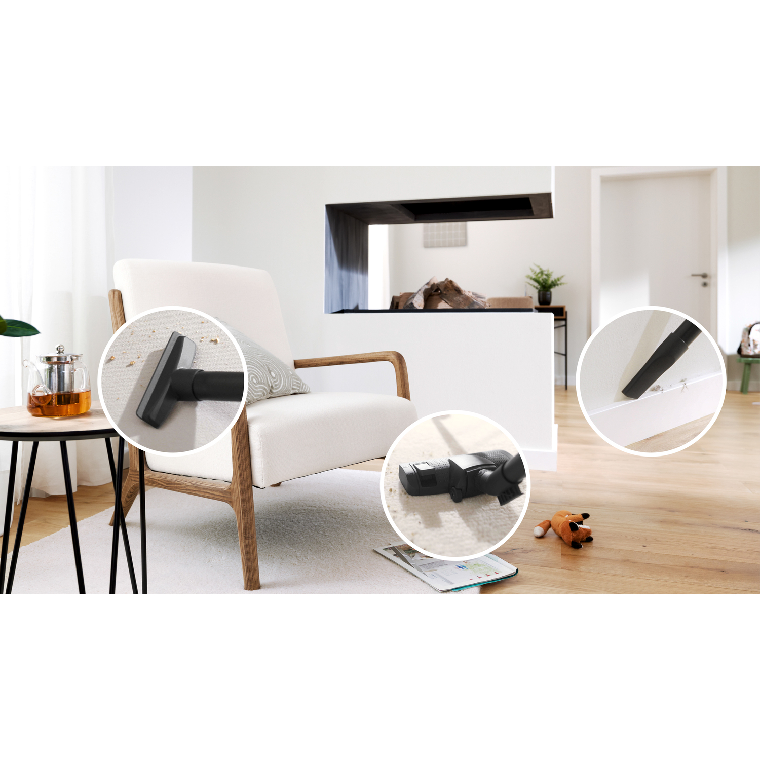 Verschillende stofzuigeronderdelen die worden gebruikt voor het schoonmaken. Witte fauteuil en een bijzettafel met een theepot.
