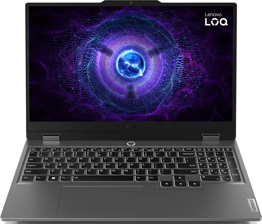 Laptop sötétszürke billentyűzettel és színes képernyővel.