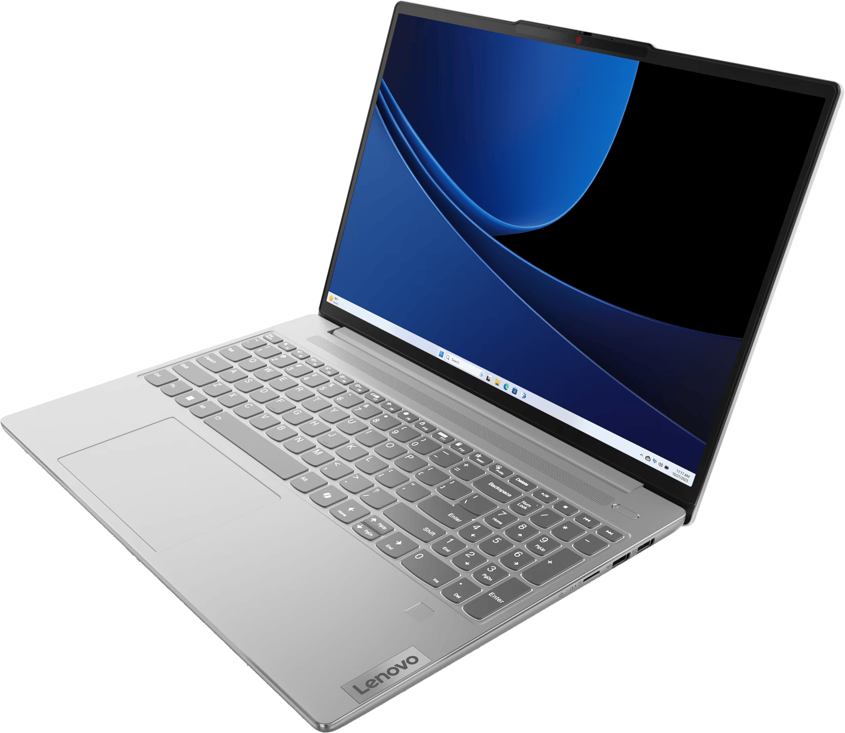 Ezüst laptop nyitott képernyővel, kék-fekete absztrakt dizájnnal.