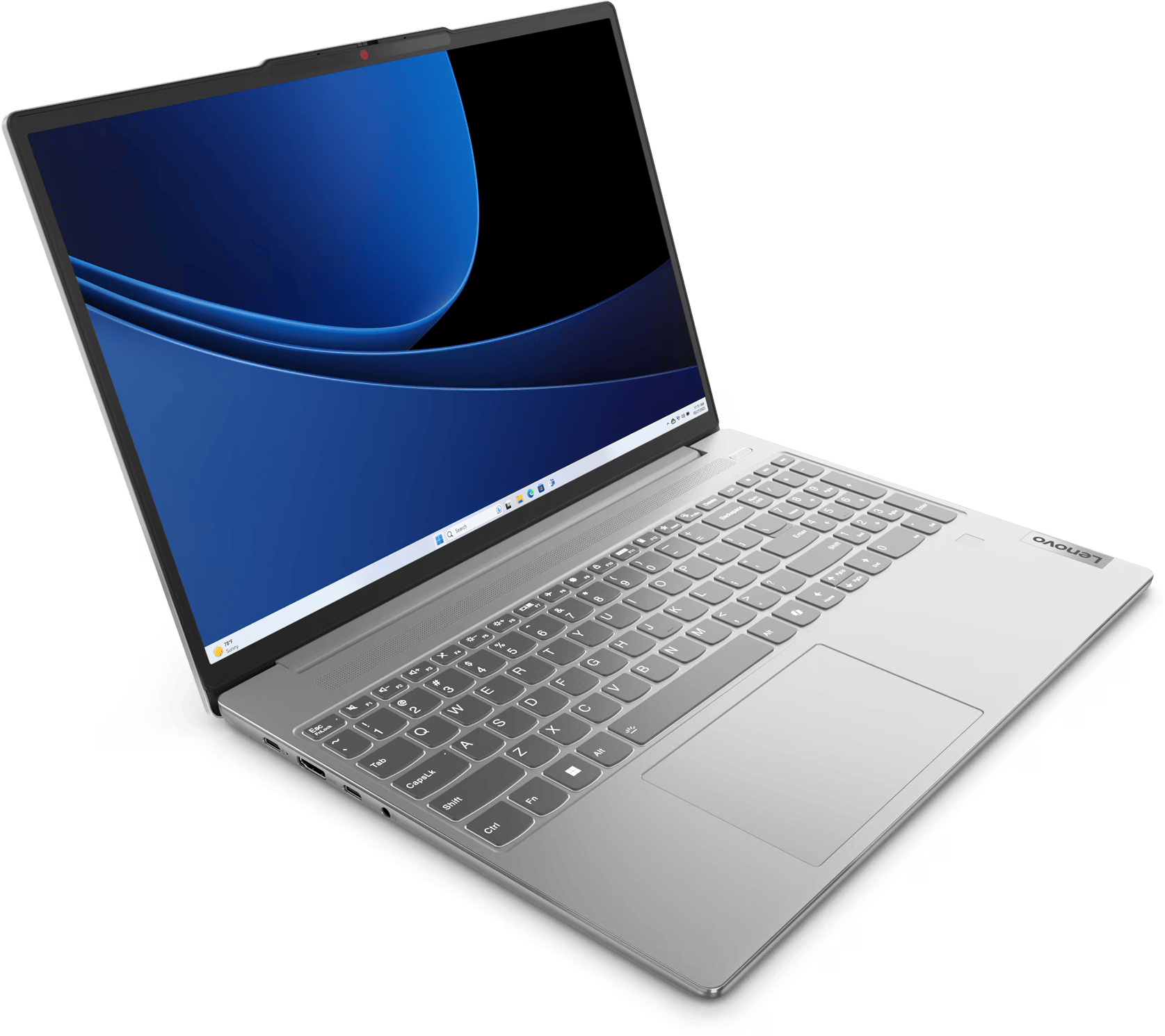 Ezüst laptop nyitva, billentyűzettel, érintőpaddal és kék képernyővel.