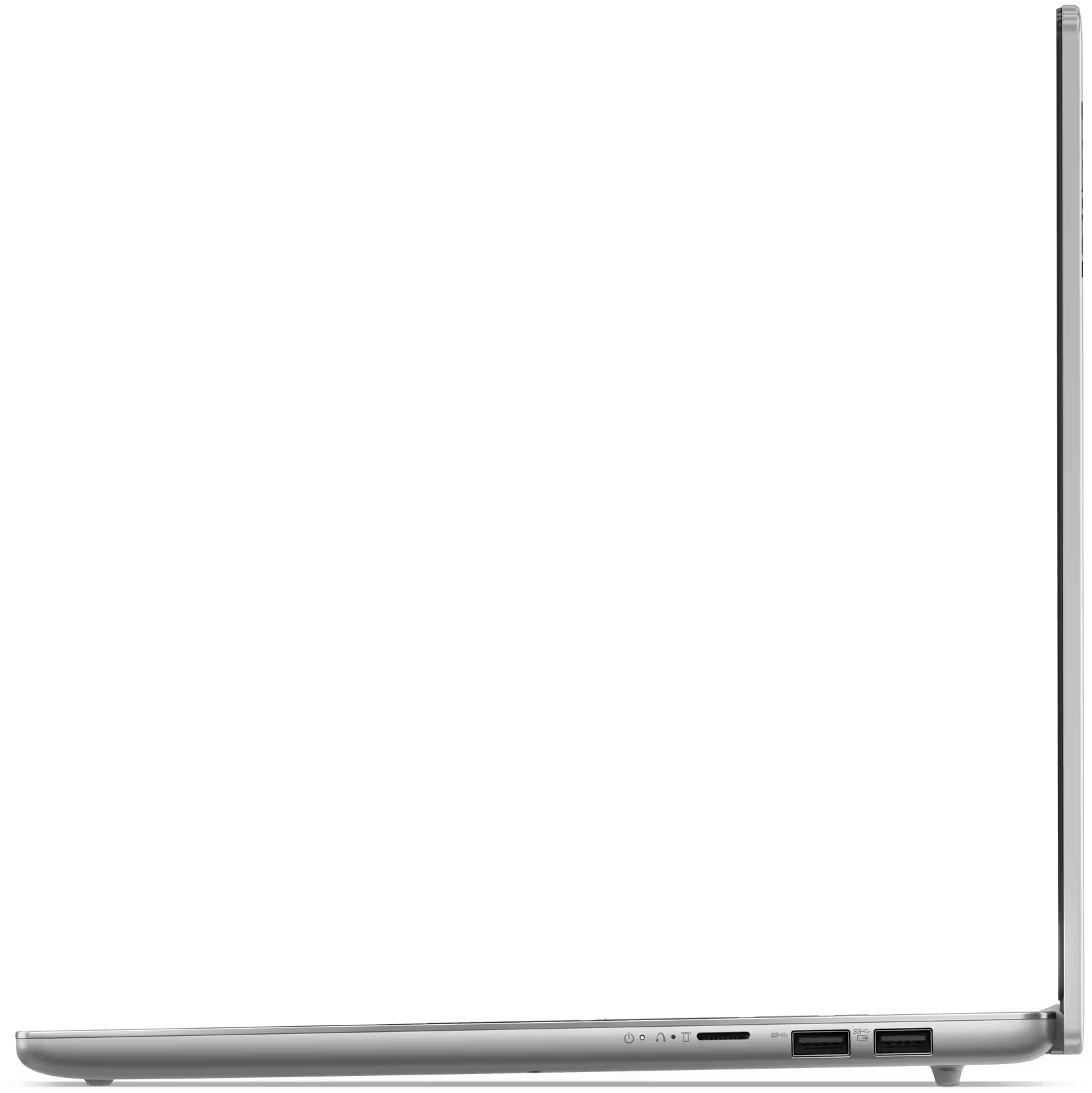 Egy ezüst laptop oldalsó nézete, a portokkal és a vékony profillal, fekete háttérrel.