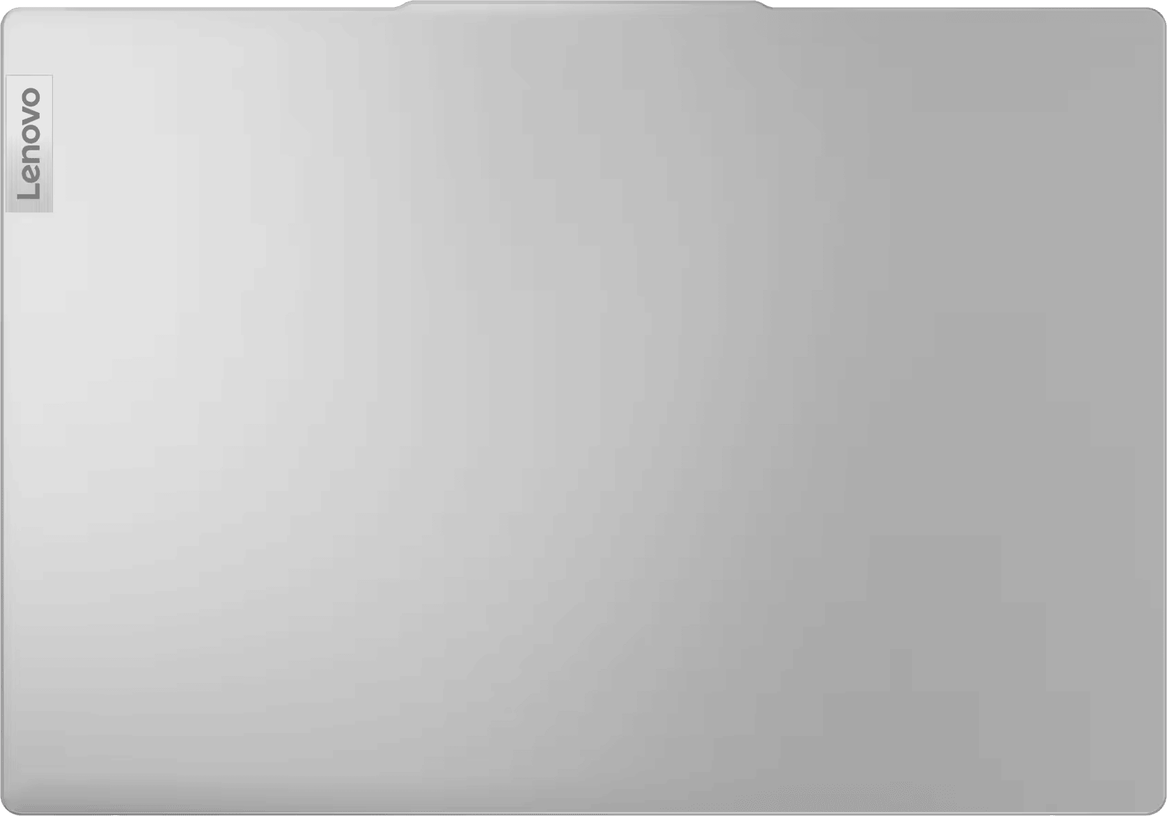 Ezüst Lenovo laptop, felülnézet. Tiszta, fém felület Lenovo logóval.