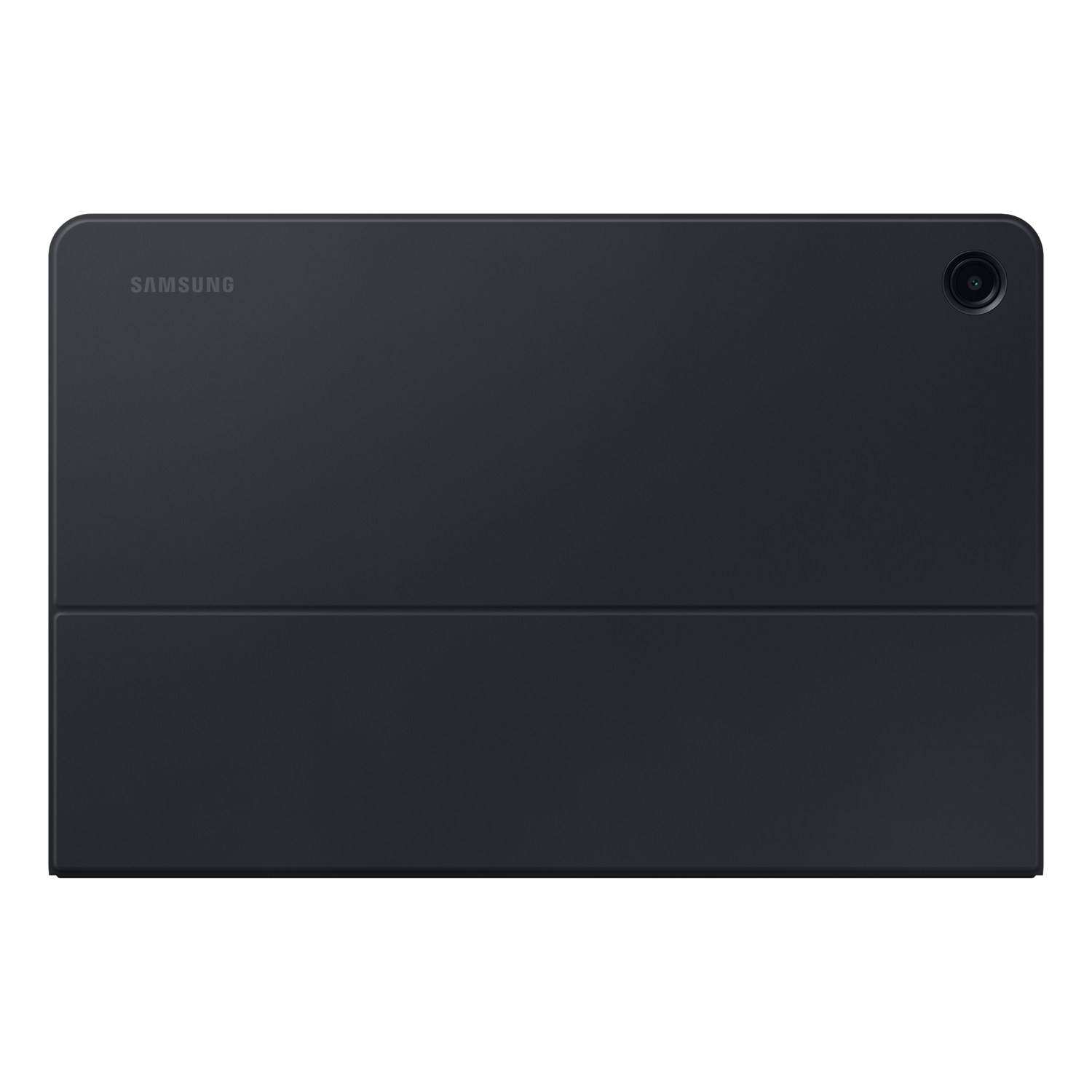 Black tablet with a camera on the top right. Samsung logo on the top.