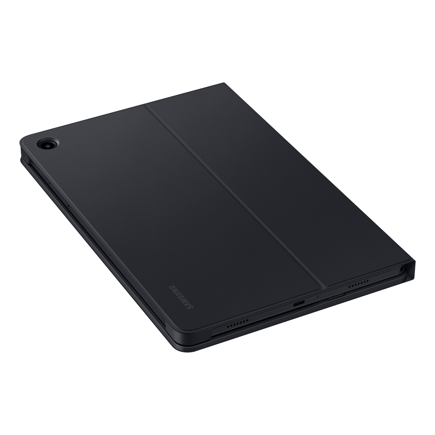Black tablet with a black cover, on a black background, with the Samsung logo visible.
