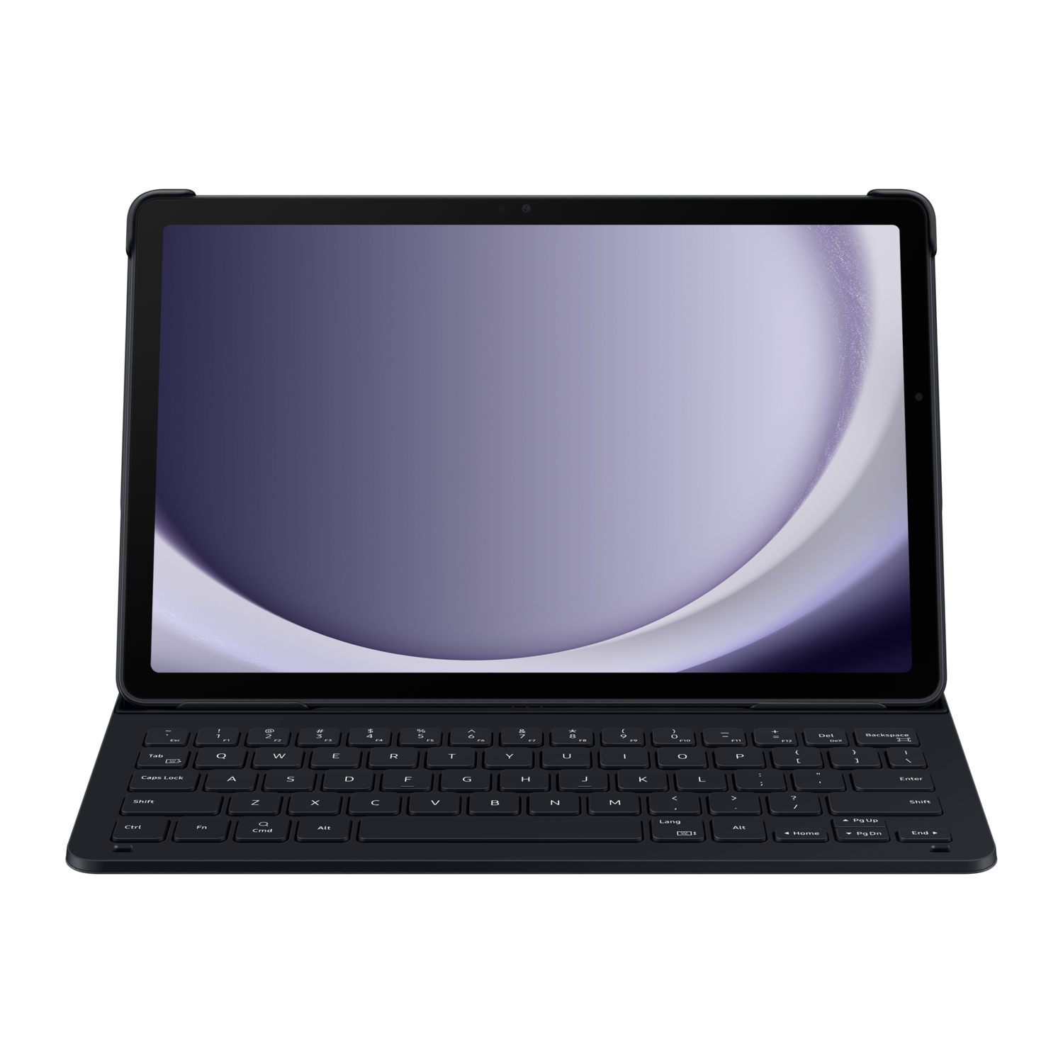 A black tablet in a keyboard case. The screen shows a blurry purple image.