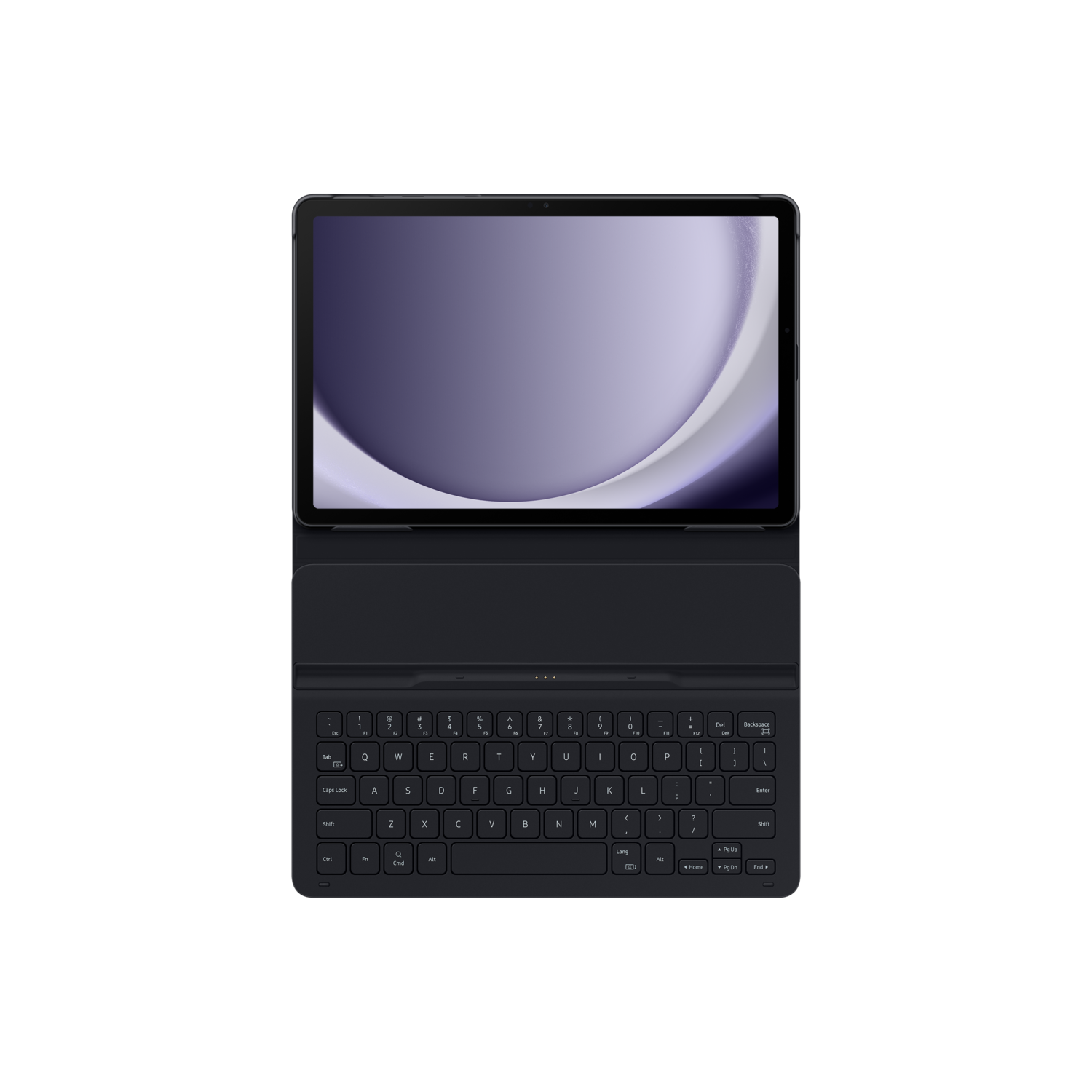 Black tablet with a keyboard cover on a black background. The screen is visible.