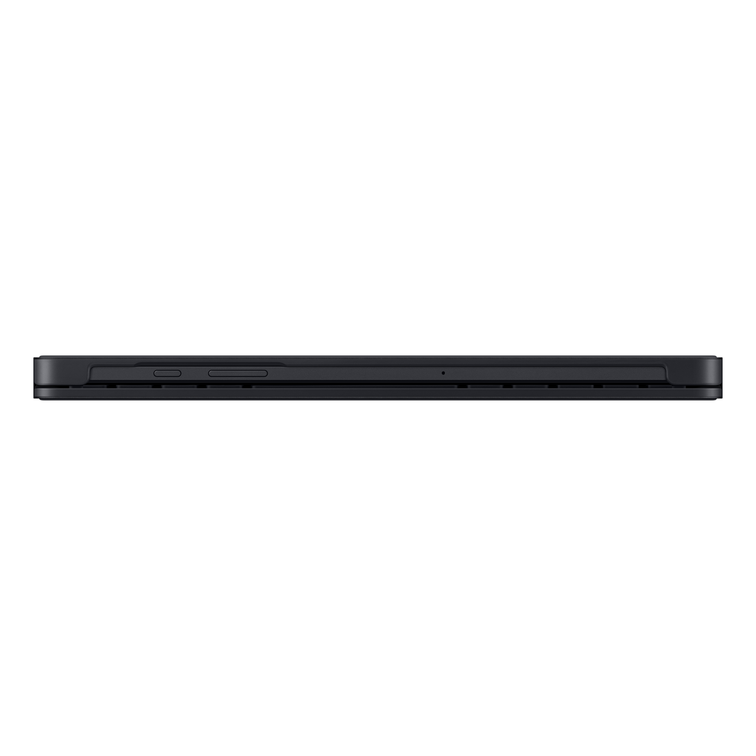A side view of a black phone against a black background.